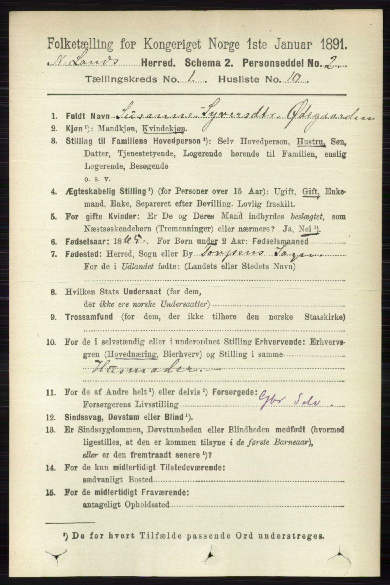 RA, 1891 census for 0538 Nordre Land, 1891, p. 179