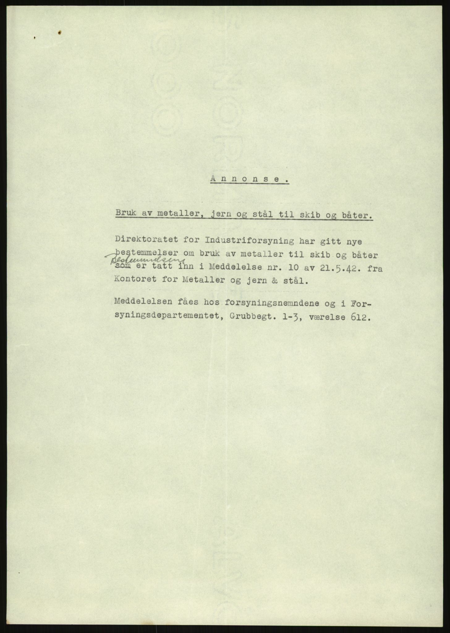 Direktoratet for industriforsyning, Sekretariatet, RA/S-4153/D/Df/L0054: 9. Metallkontoret, 1940-1945, p. 1543