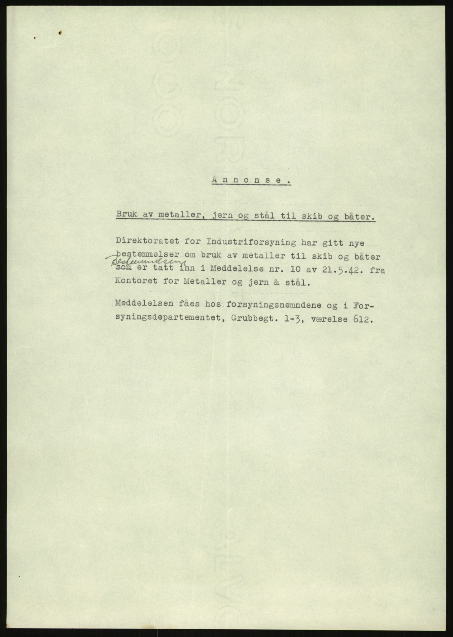 Direktoratet for industriforsyning, Sekretariatet, AV/RA-S-4153/D/Df/L0054: 9. Metallkontoret, 1940-1945, p. 1543