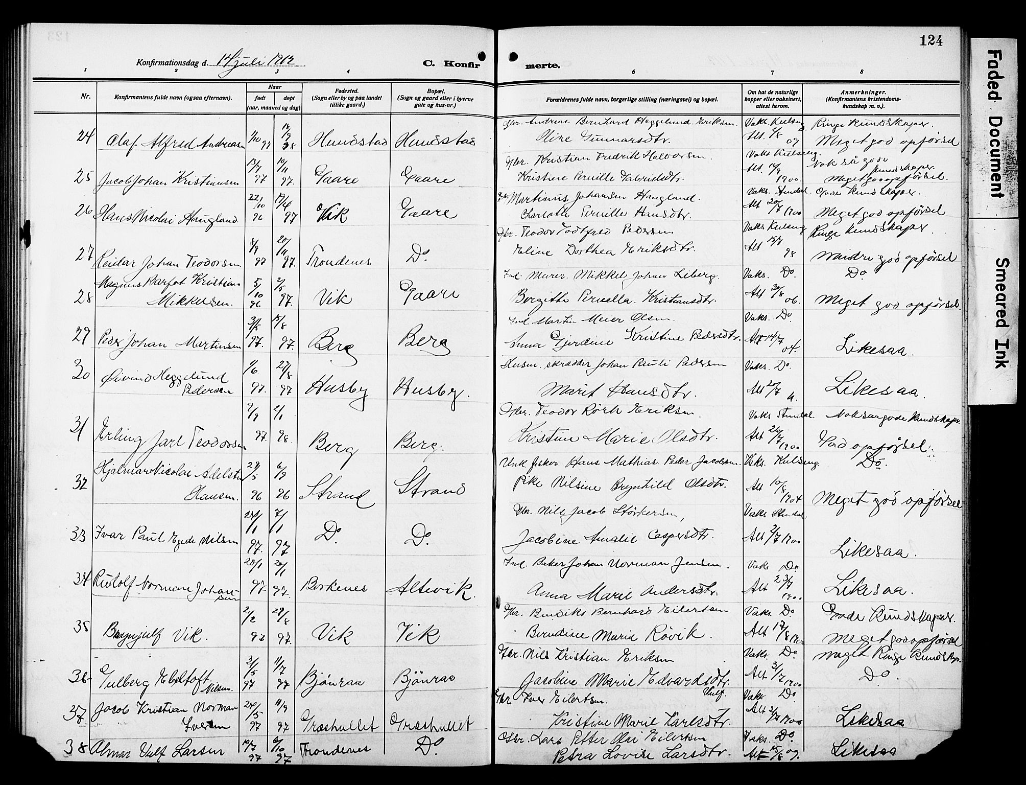 Kvæfjord sokneprestkontor, AV/SATØ-S-1323/G/Ga/Gab/L0006klokker: Parish register (copy) no. 6, 1912-1931, p. 124