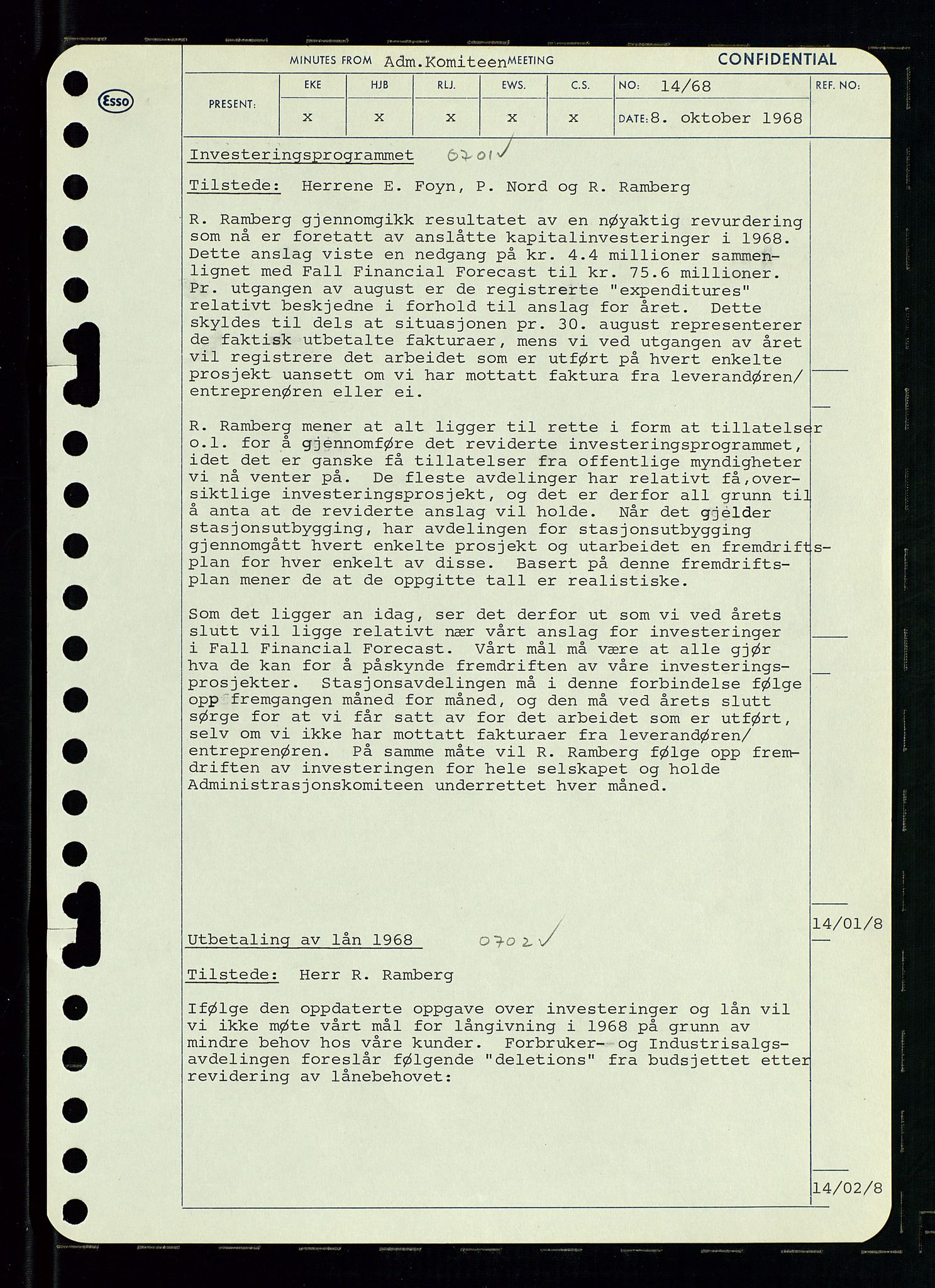 Pa 0982 - Esso Norge A/S, AV/SAST-A-100448/A/Aa/L0002/0004: Den administrerende direksjon Board minutes (styrereferater) / Den administrerende direksjon Board minutes (styrereferater), 1968, p. 91