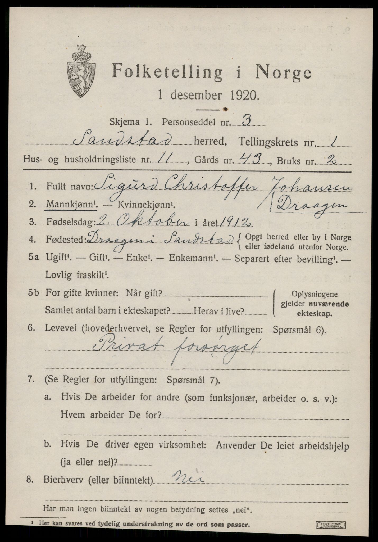 SAT, 1920 census for Sandstad, 1920, p. 519