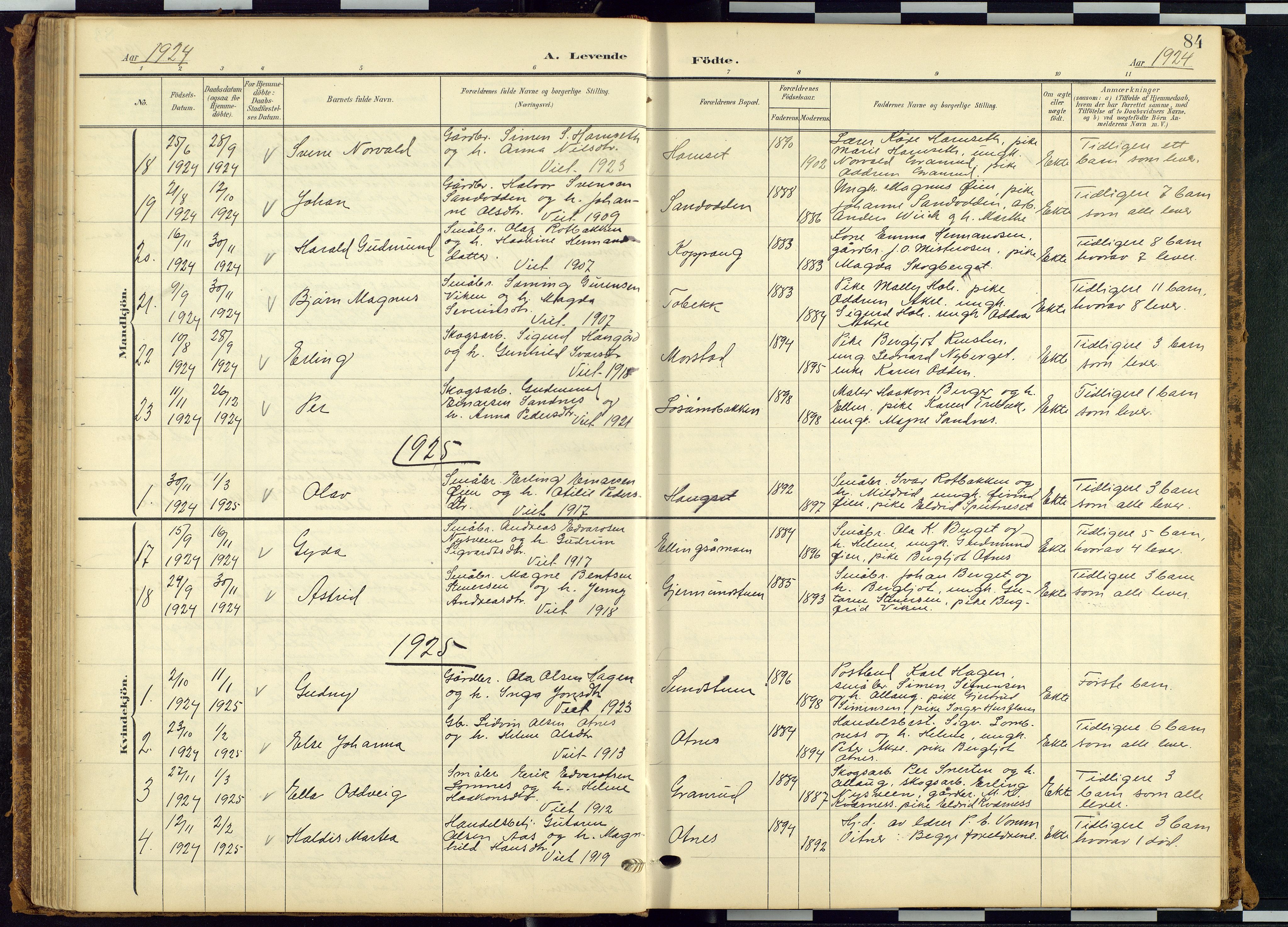Rendalen prestekontor, SAH/PREST-054/H/Ha/Hab/L0010: Parish register (copy) no. 10, 1903-1940, p. 84