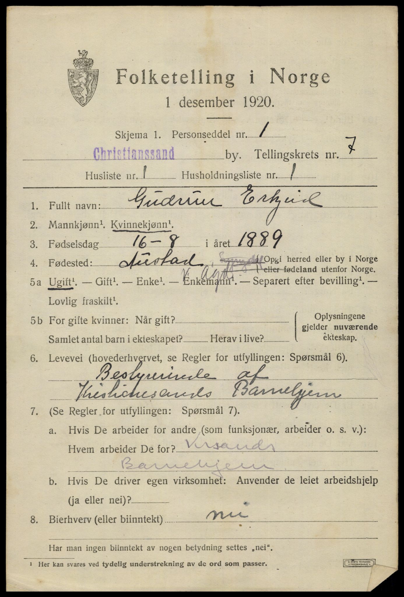 SAK, 1920 census for Kristiansand, 1920, p. 20055