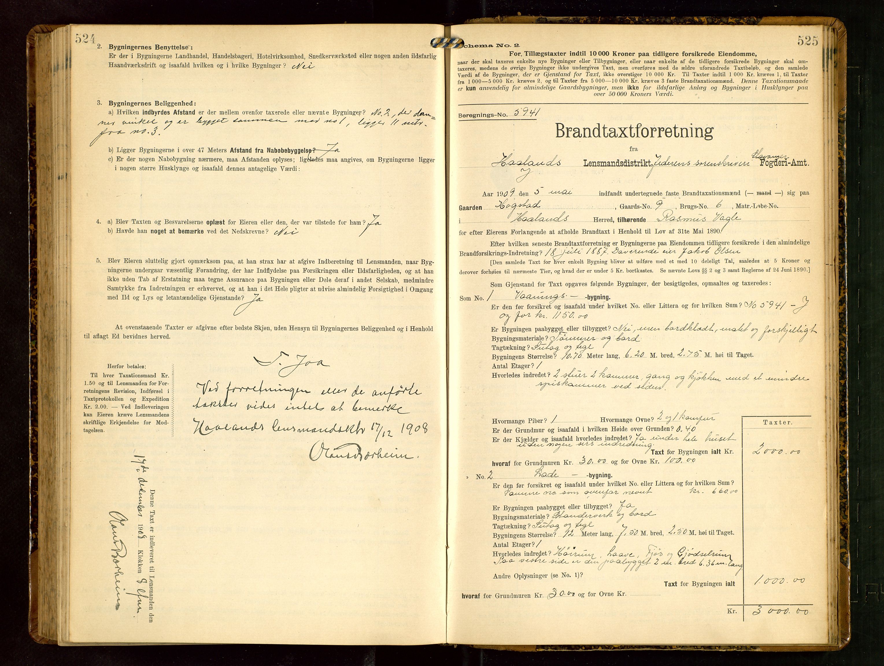 Håland lensmannskontor, SAST/A-100100/Gob/L0003: Branntakstprotokoll - skjematakst. Register i boken., 1909-1910, p. 524-525