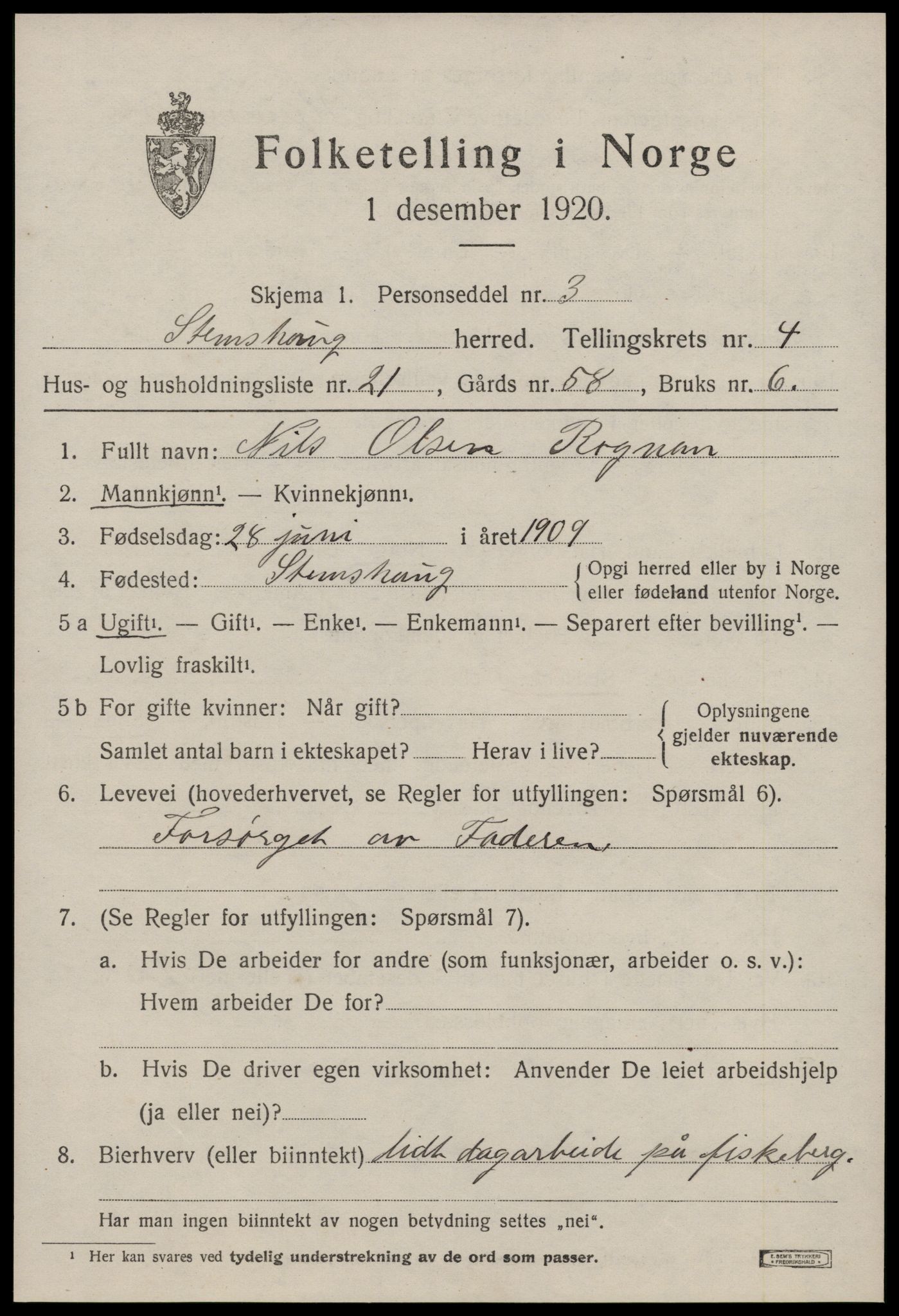 SAT, 1920 census for Stemshaug, 1920, p. 1884