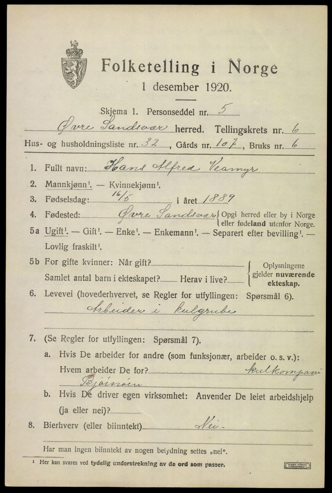 SAKO, 1920 census for Øvre Sandsvær, 1920, p. 3720