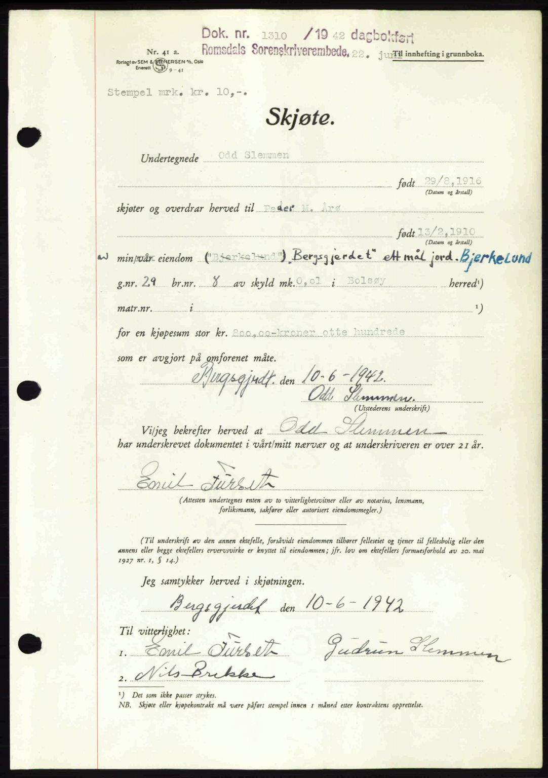 Romsdal sorenskriveri, AV/SAT-A-4149/1/2/2C: Mortgage book no. A12, 1942-1942, Diary no: : 1310/1942