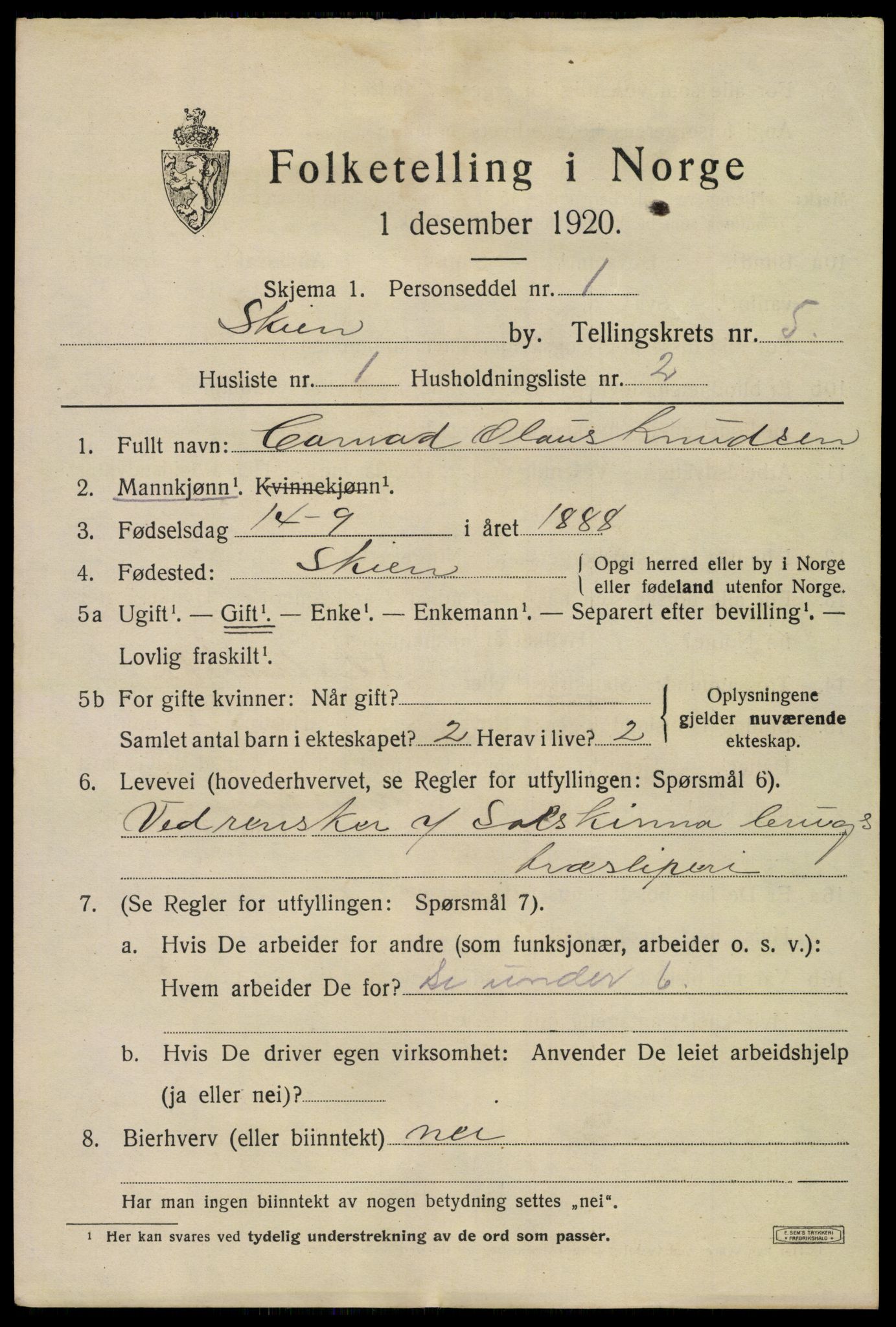 SAKO, 1920 census for Skien, 1920, p. 19492