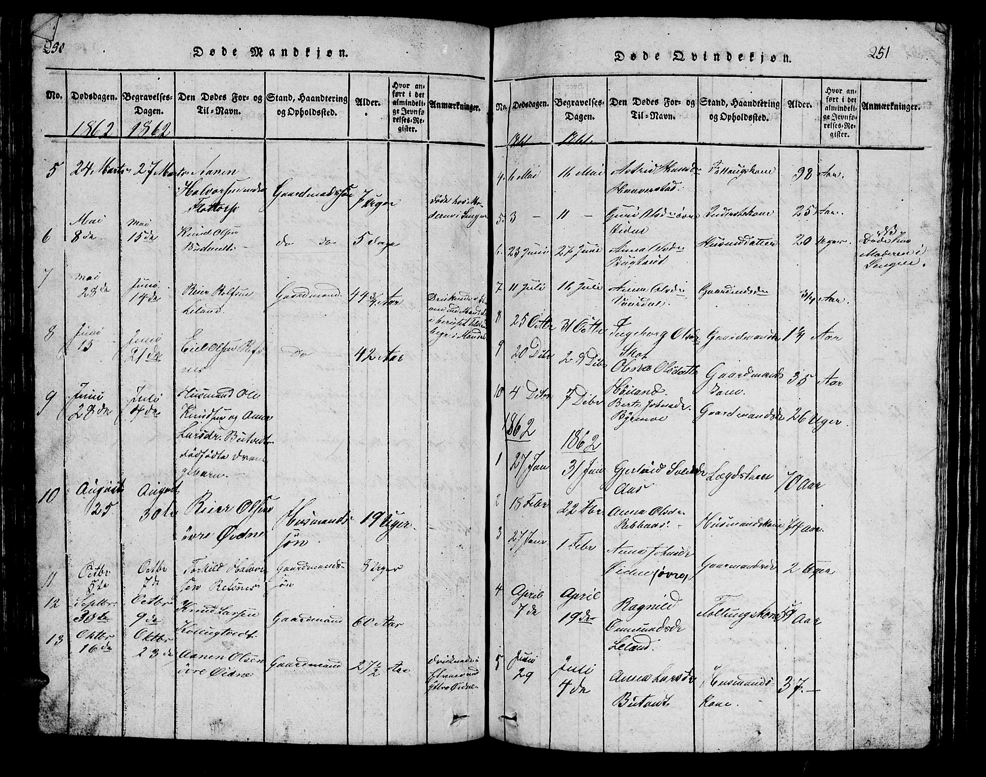 Bjelland sokneprestkontor, AV/SAK-1111-0005/F/Fb/Fbc/L0001: Parish register (copy) no. B 1, 1815-1870, p. 250-251