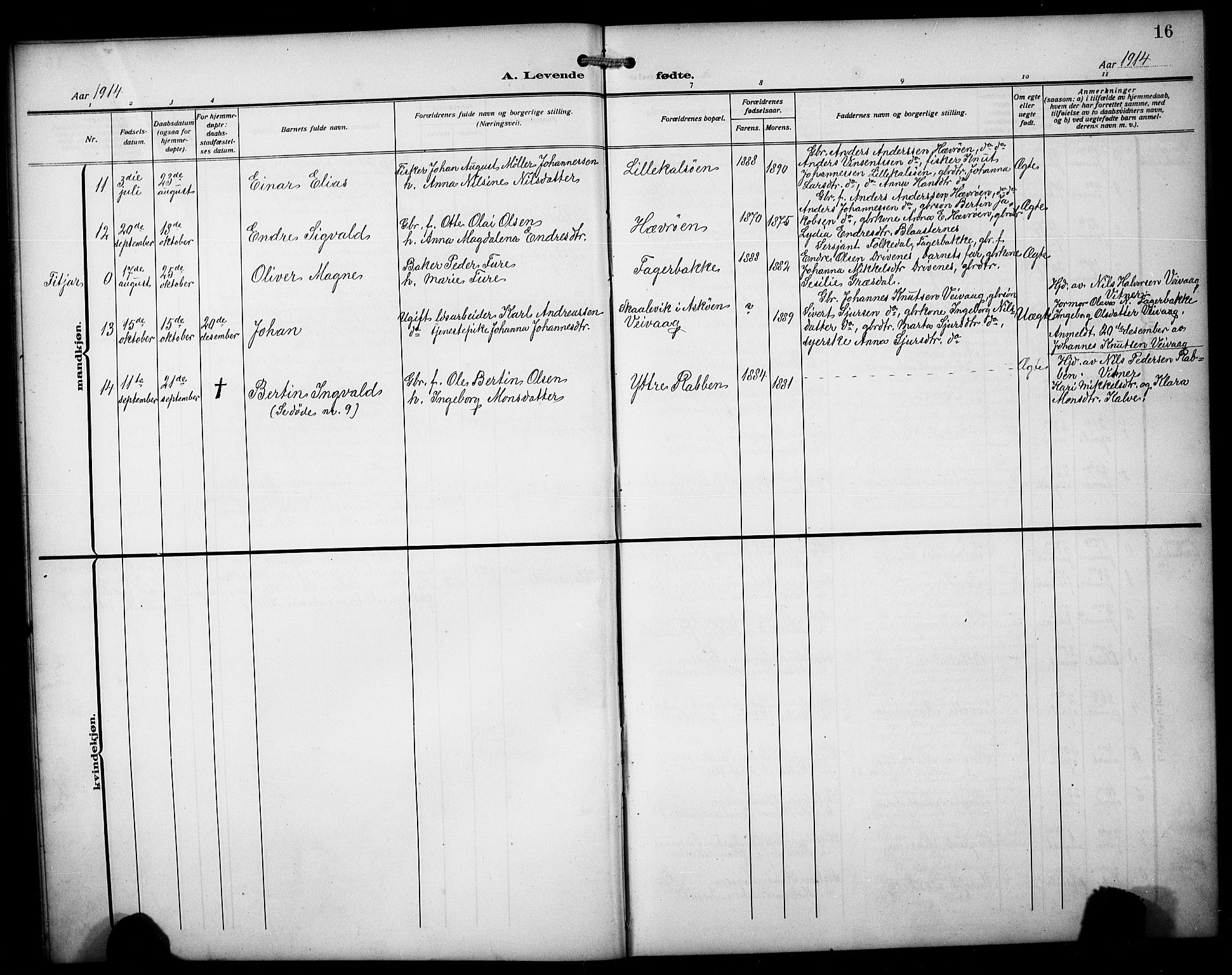 Austevoll sokneprestembete, AV/SAB-A-74201/H/Ha/Hab/Habb/L0006: Parish register (copy) no. B 6, 1911-1925, p. 16