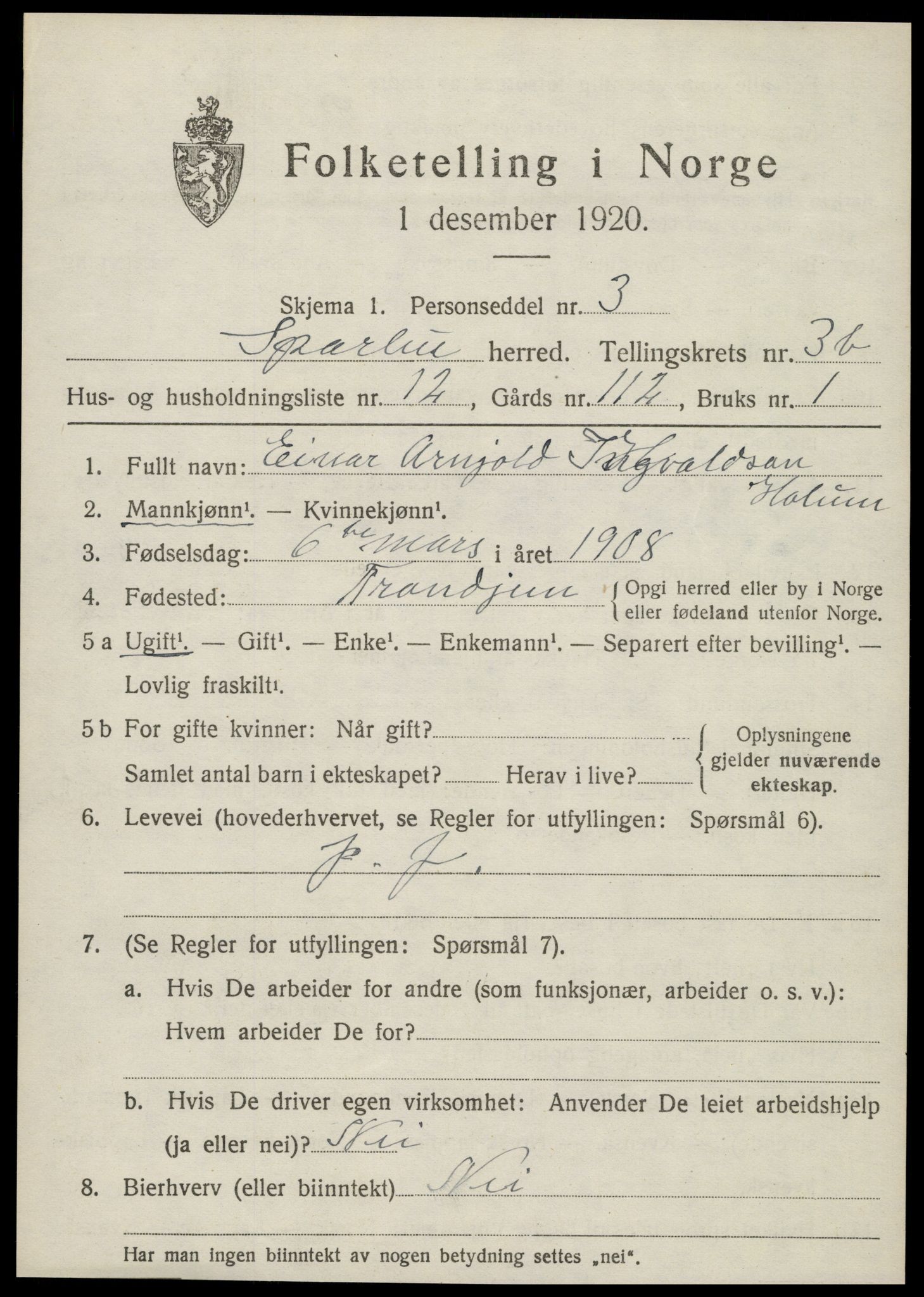 SAT, 1920 census for Sparbu, 1920, p. 4955