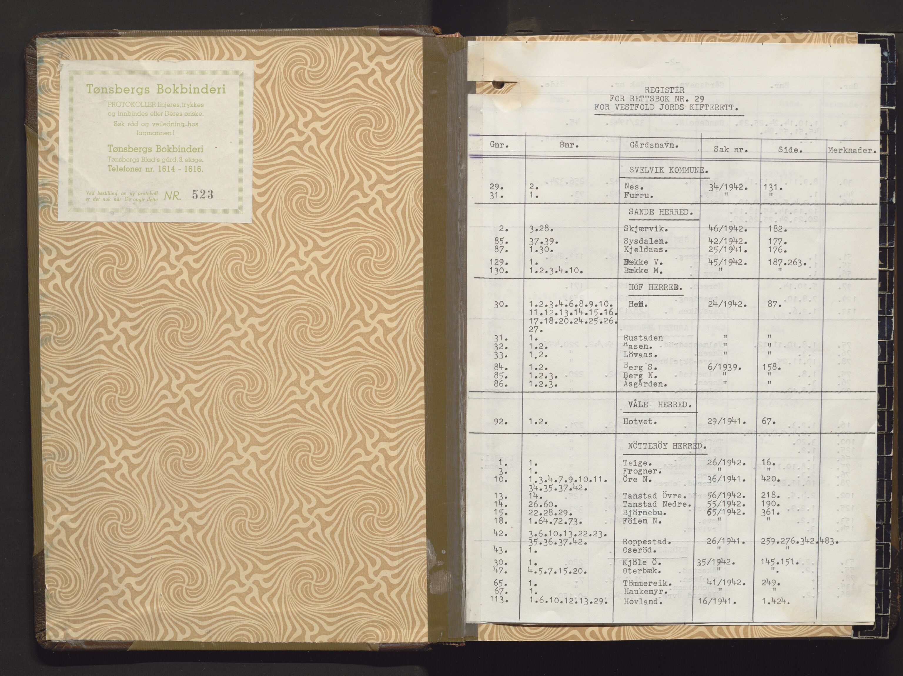 Utskiftningsvesenet i Vestfold, AV/SAKO-A-797/F/Fa/L0029: Rettsbok (forhandlingsprotokoll), 1942-1944