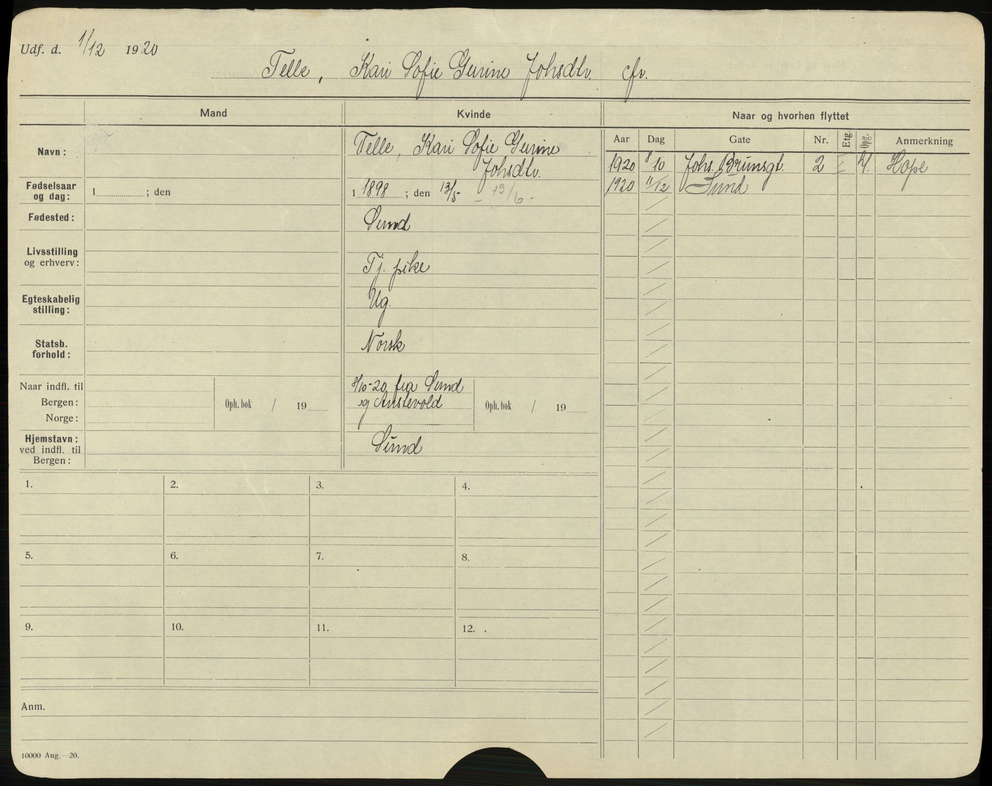 Bergen folkeregister, AV/SAB-A-17201/I/Ia/L0031: Utflyttet 1912 - 1920, Telle - Tuv, 1912-1920