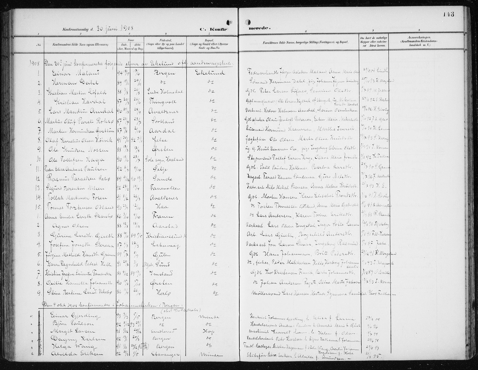 Fana Sokneprestembete, SAB/A-75101/H/Haa/Haai/L0003: Parish register (official) no. I 3, 1900-1912, p. 143