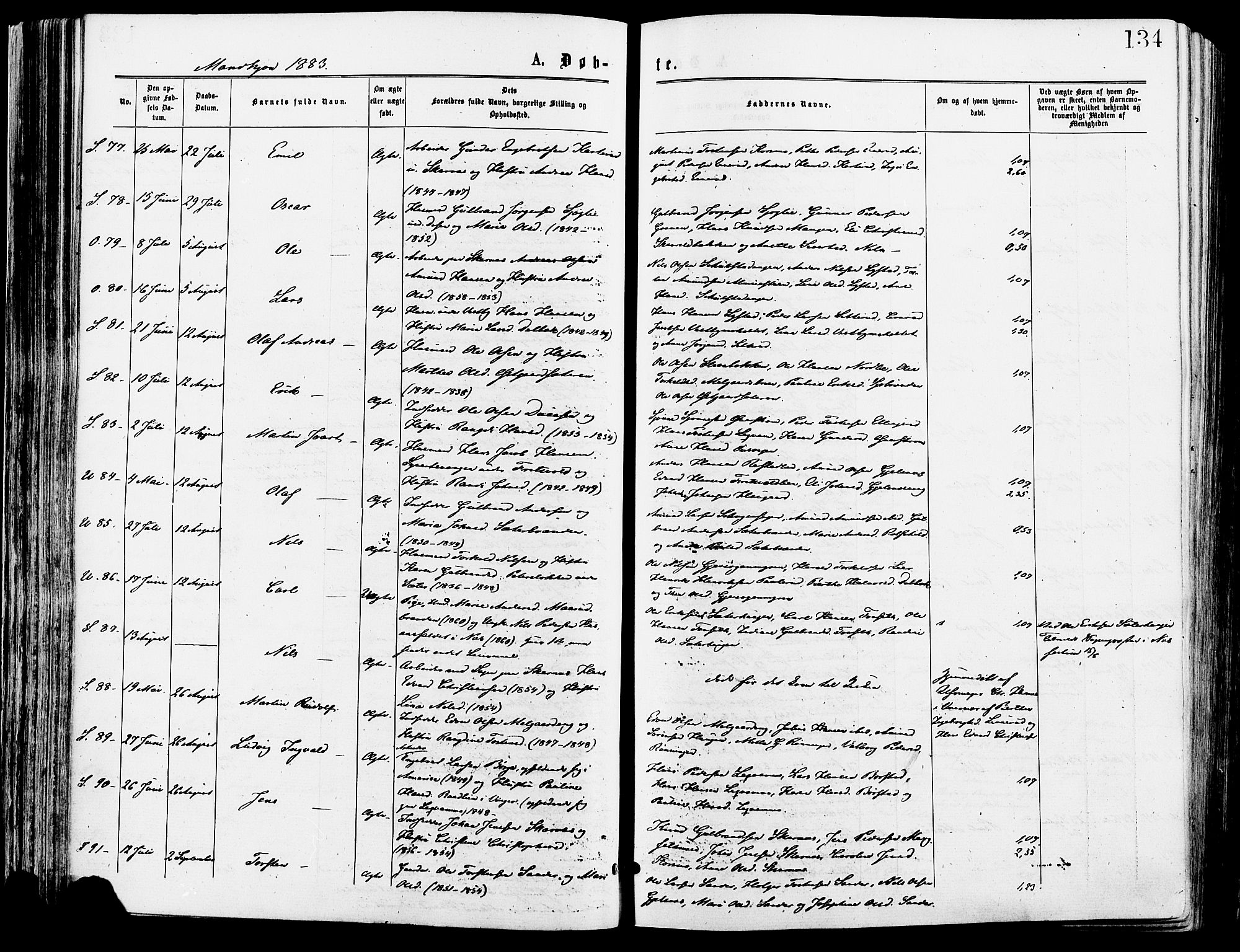 Sør-Odal prestekontor, AV/SAH-PREST-030/H/Ha/Haa/L0005: Parish register (official) no. 5, 1876-1885, p. 134