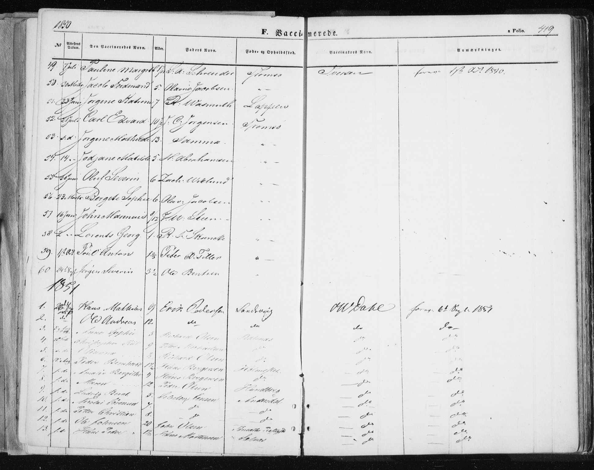 Tromsø sokneprestkontor/stiftsprosti/domprosti, SATØ/S-1343/G/Ga/L0010kirke: Parish register (official) no. 10, 1848-1855, p. 419