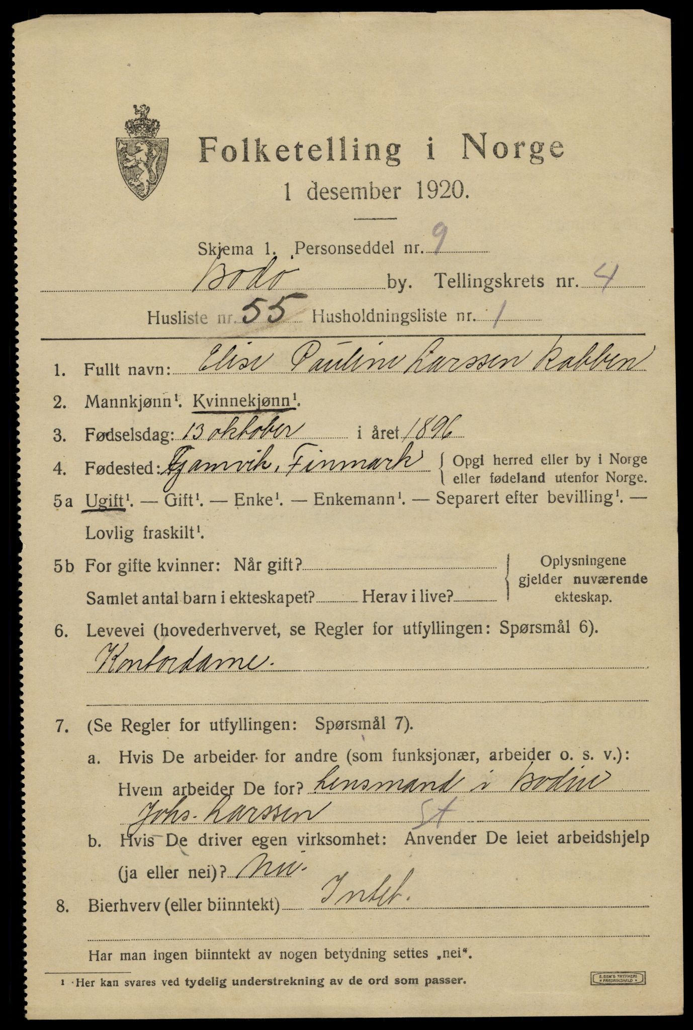 SAT, 1920 census for Bodø, 1920, p. 8433