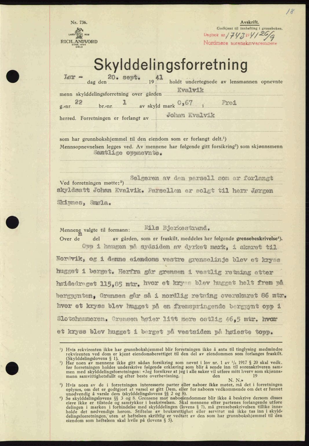 Nordmøre sorenskriveri, AV/SAT-A-4132/1/2/2Ca: Mortgage book no. A91, 1941-1942, Diary no: : 1743/1941