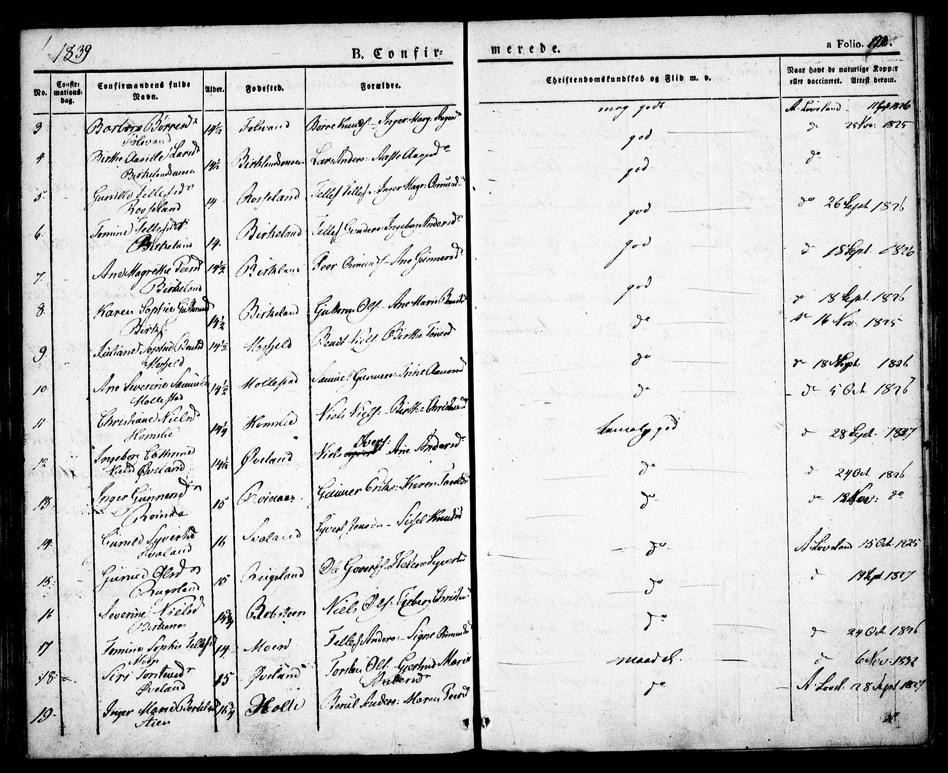Birkenes sokneprestkontor, SAK/1111-0004/F/Fa/L0001: Parish register (official) no. A 1, 1829-1849, p. 120