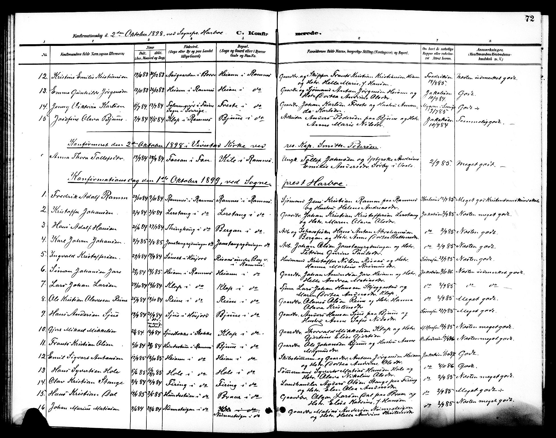 Ramnes kirkebøker, AV/SAKO-A-314/G/Ga/L0004: Parish register (copy) no. I 4, 1896-1911, p. 72