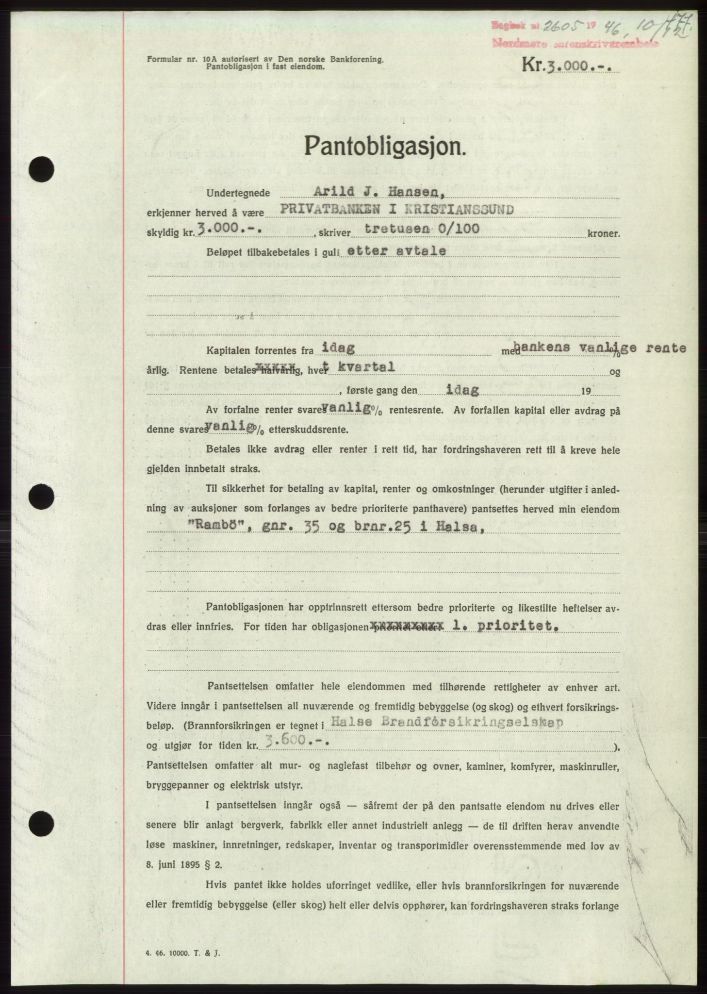 Nordmøre sorenskriveri, AV/SAT-A-4132/1/2/2Ca: Mortgage book no. B95, 1946-1947, Diary no: : 2605/1946