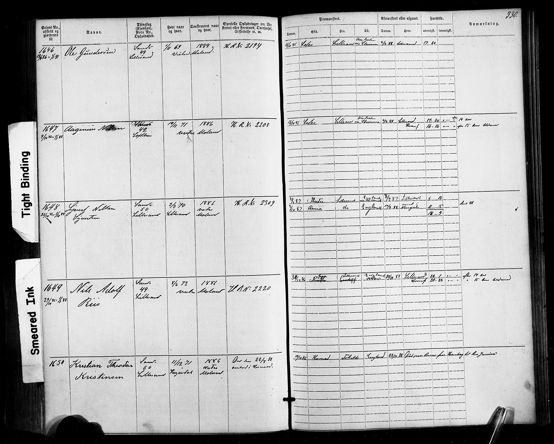 Lillesand mønstringskrets, SAK/2031-0014/F/Fa/L0002: Annotasjonsrulle nr 1-1910 med register, W-8, 1868-1891, p. 339