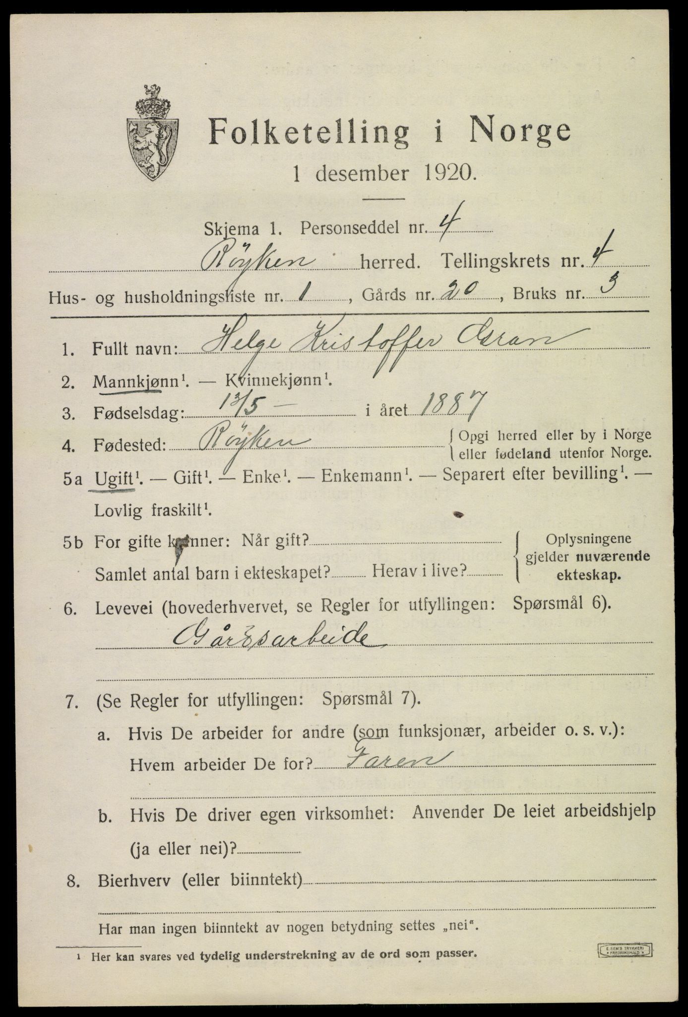 SAKO, 1920 census for Røyken, 1920, p. 5494