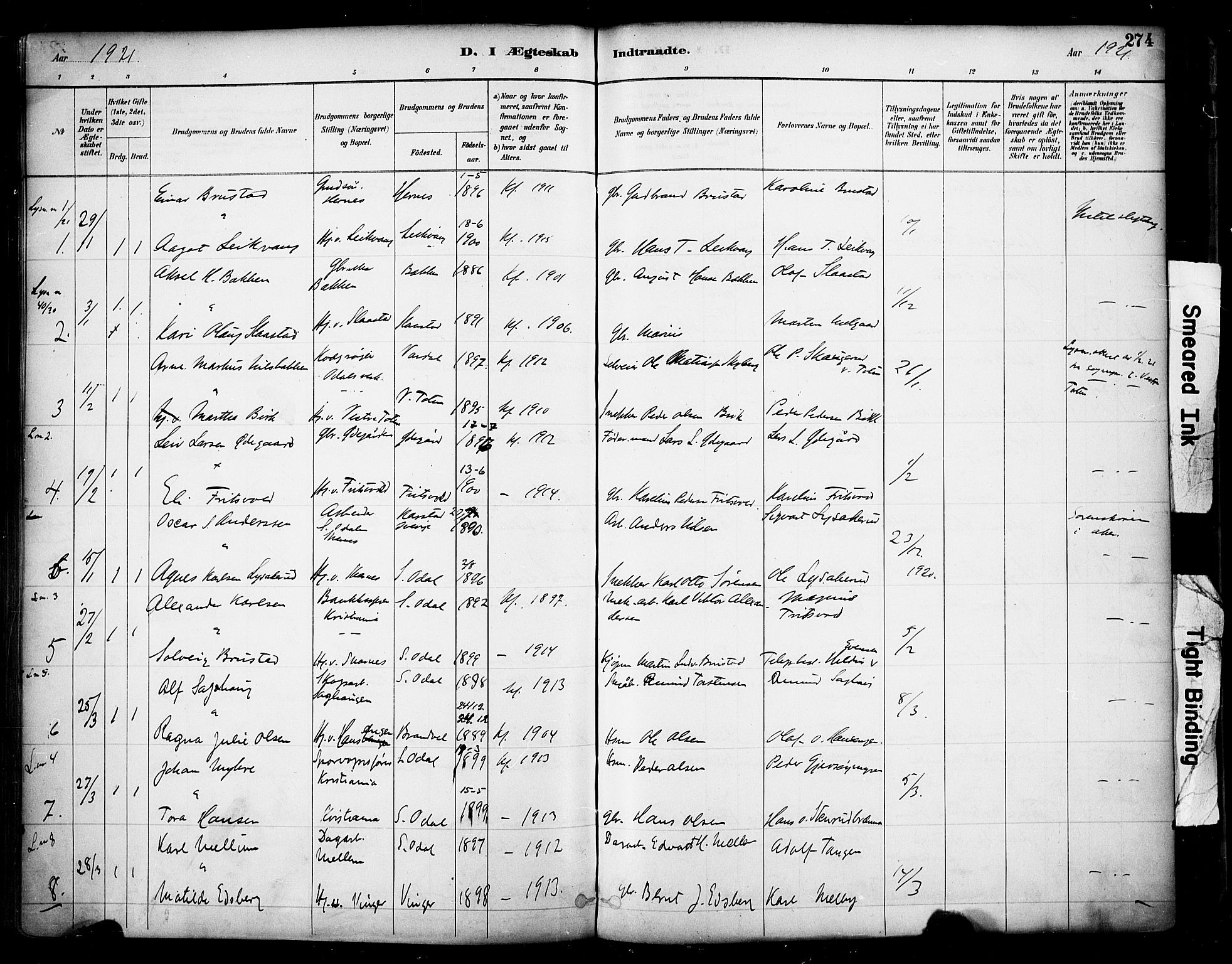 Sør-Odal prestekontor, AV/SAH-PREST-030/H/Ha/Haa/L0007: Parish register (official) no. 7, 1886-1925, p. 274