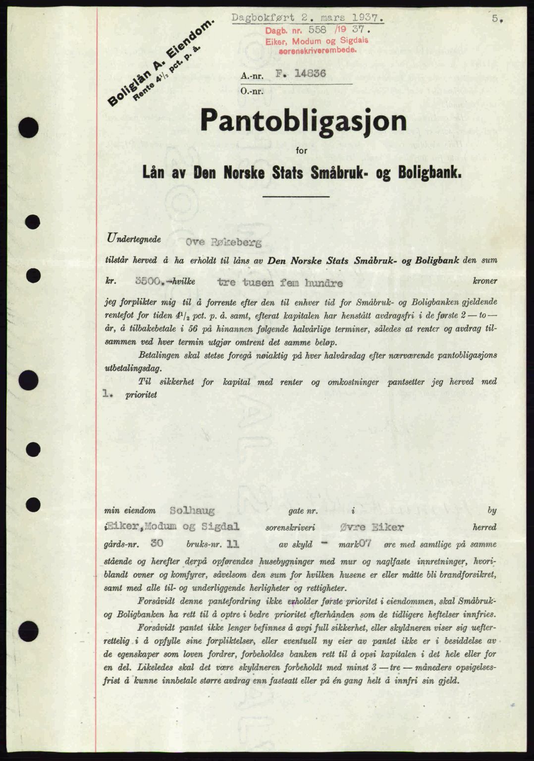 Eiker, Modum og Sigdal sorenskriveri, SAKO/A-123/G/Ga/Gab/L0035: Mortgage book no. A5, 1937-1937, Diary no: : 558/1937