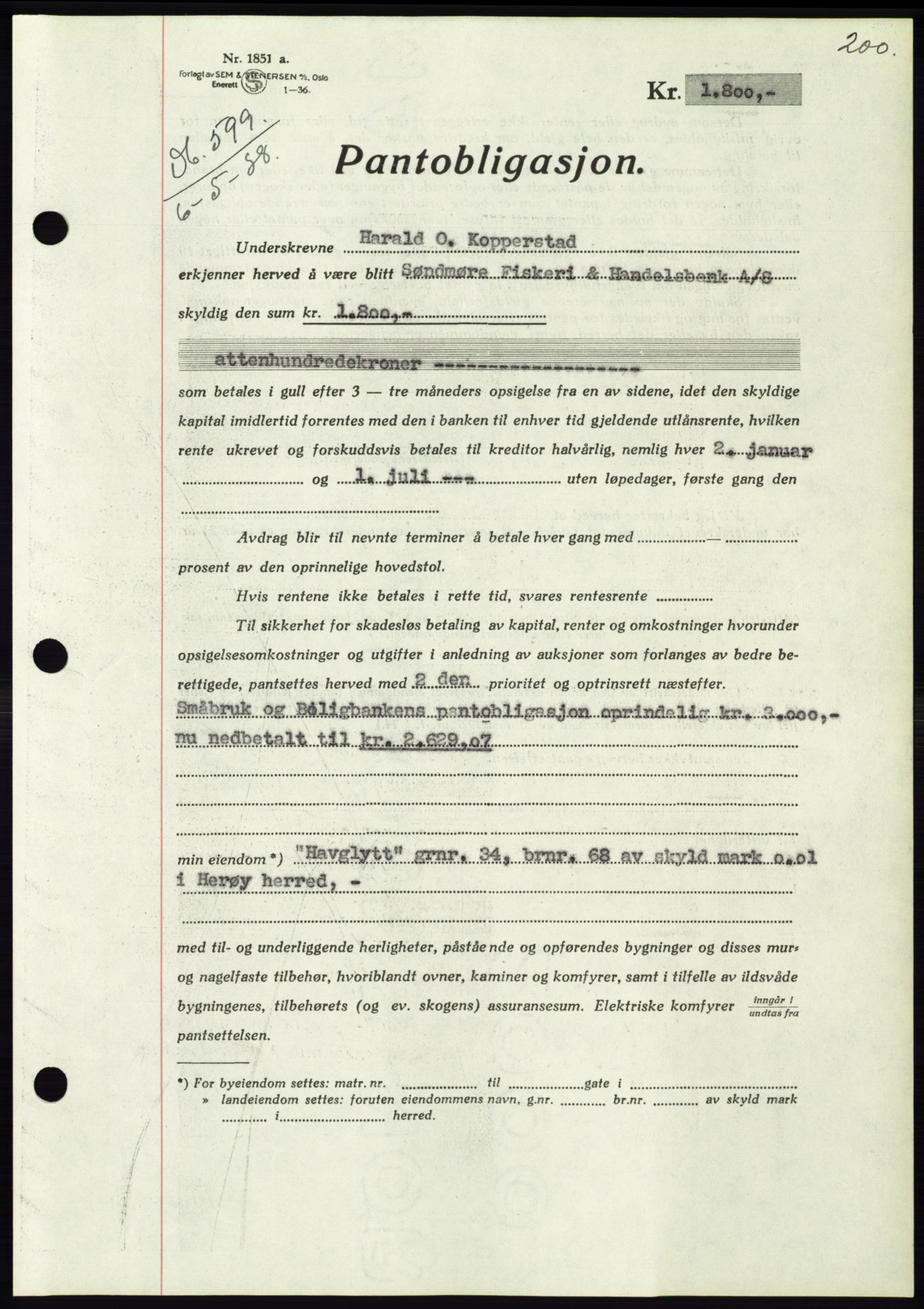 Søre Sunnmøre sorenskriveri, AV/SAT-A-4122/1/2/2C/L0065: Mortgage book no. 59, 1938-1938, Diary no: : 599/1938