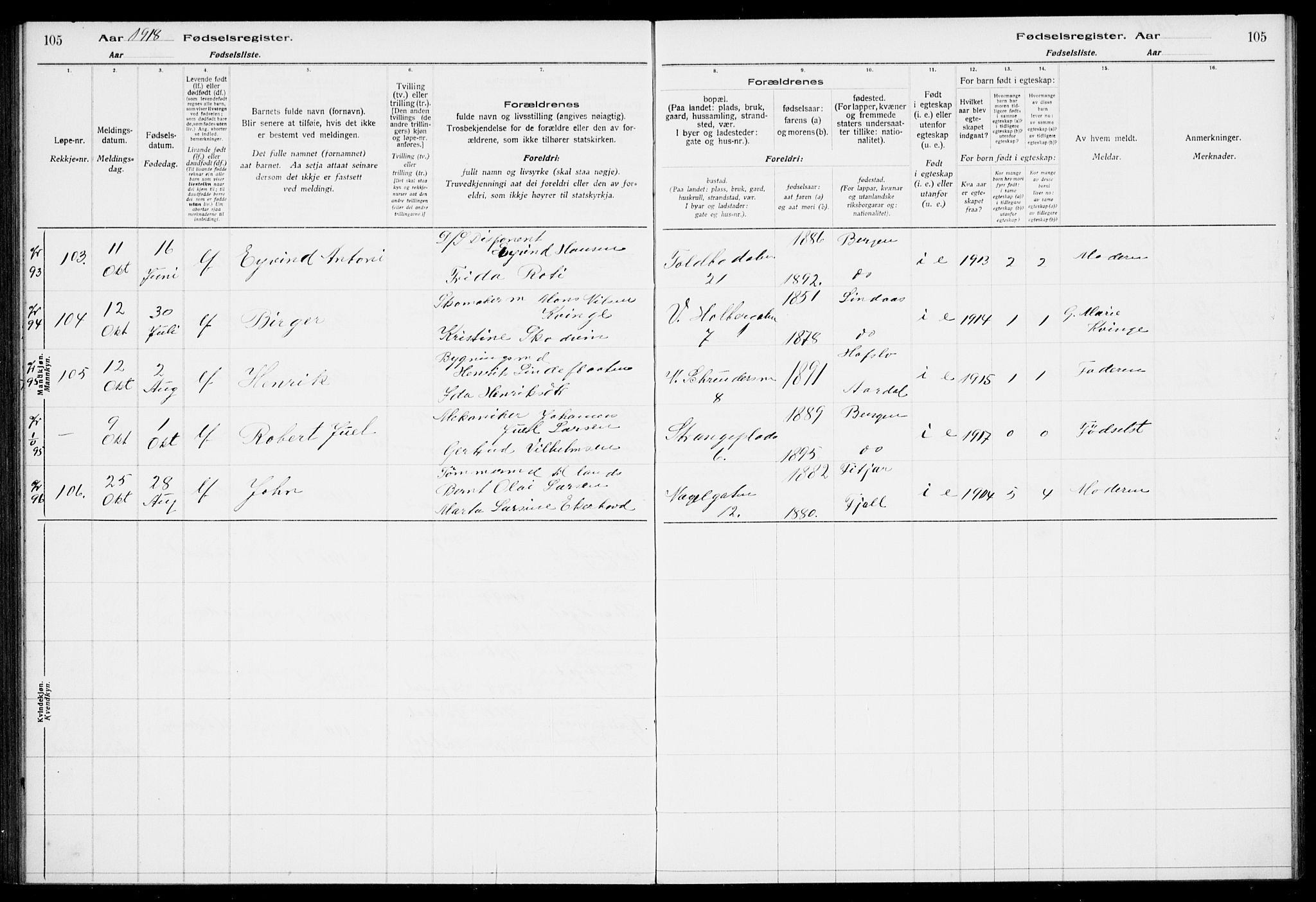 Nykirken Sokneprestembete, AV/SAB-A-77101/I/Id/L00A1: Birth register no. A 1, 1916-1922, p. 105