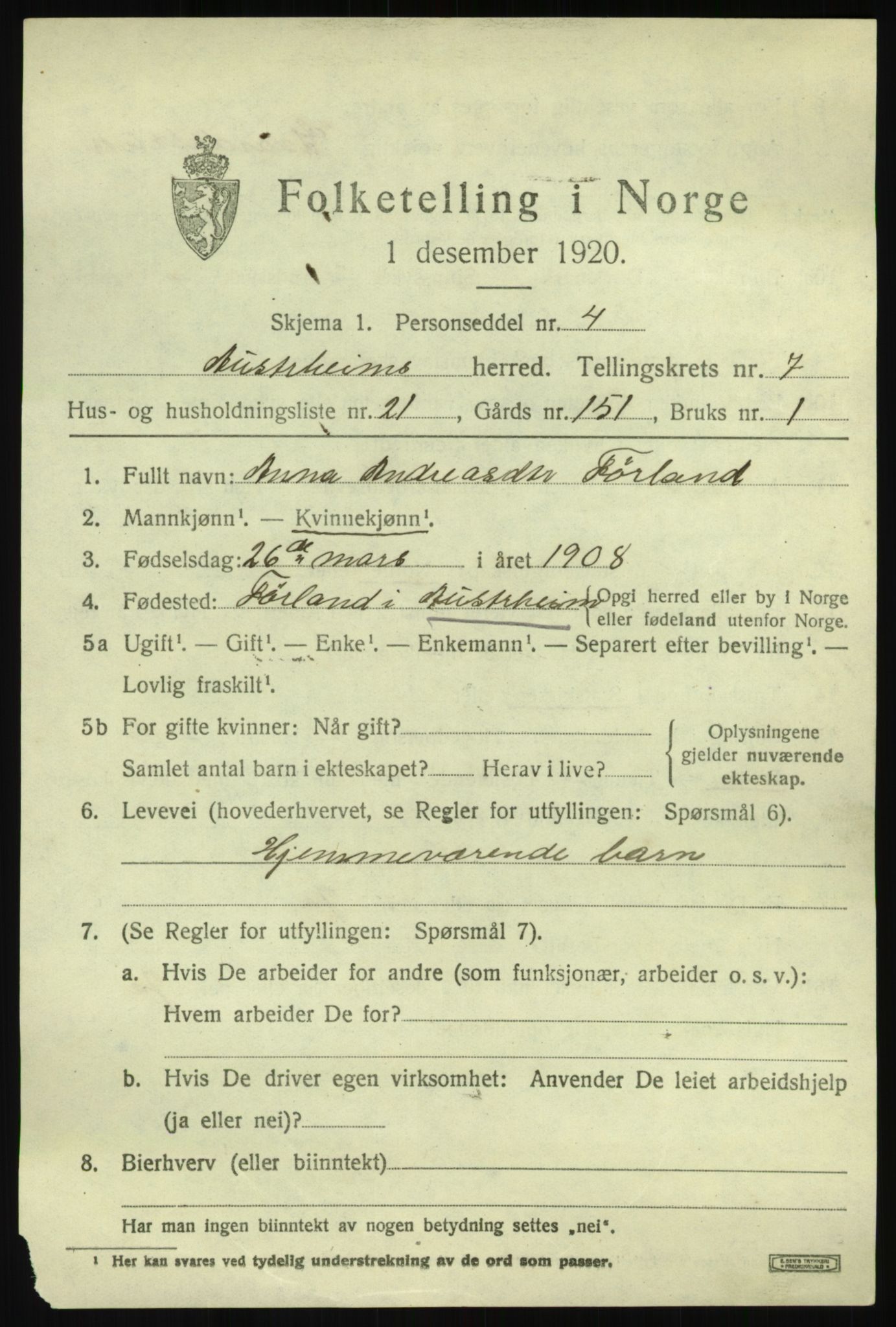 SAB, 1920 census for Austrheim, 1920, p. 2926