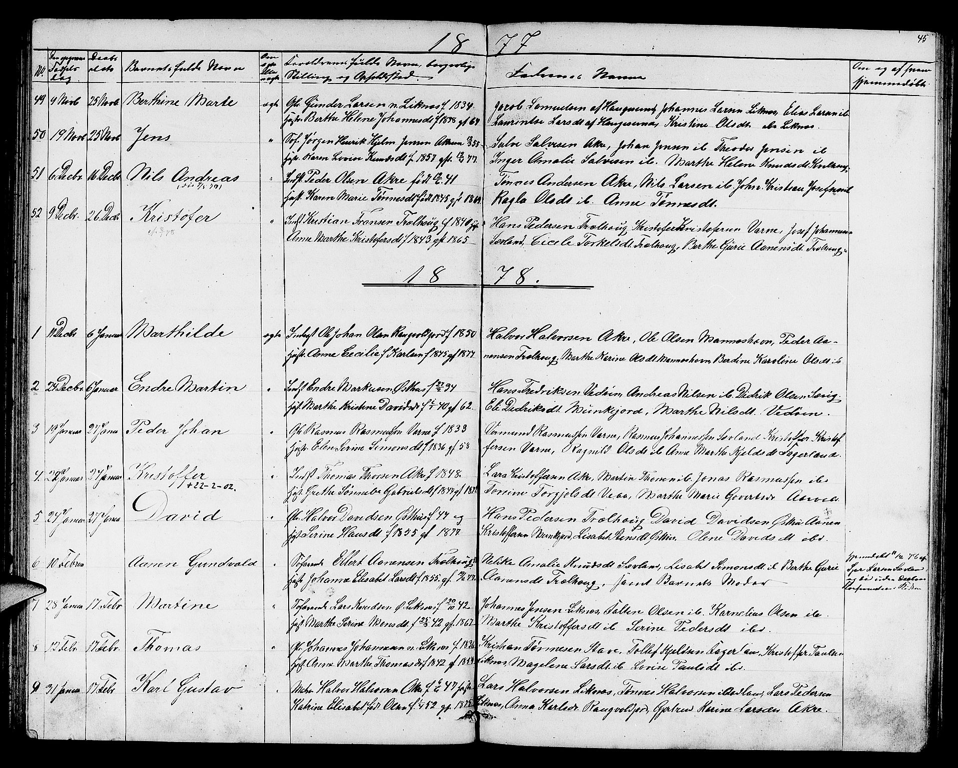 Skudenes sokneprestkontor, SAST/A -101849/H/Ha/Hab/L0005: Parish register (copy) no. B 5, 1866-1881, p. 45
