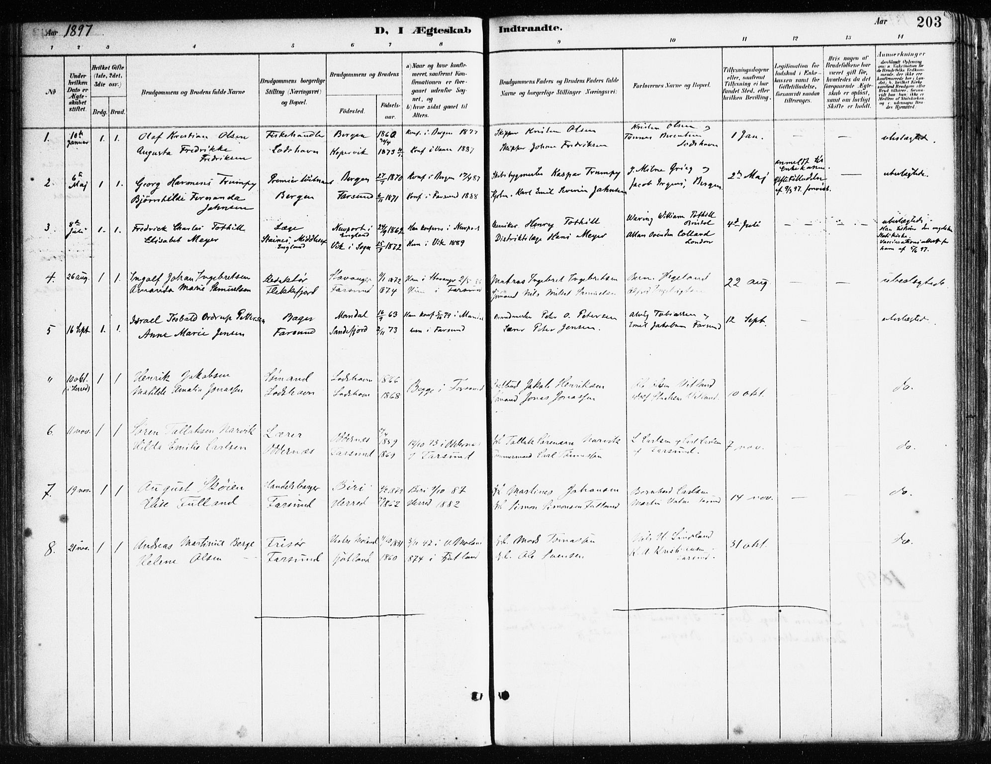 Farsund sokneprestkontor, AV/SAK-1111-0009/F/Fa/L0006: Parish register (official) no. A 6, 1887-1920, p. 203