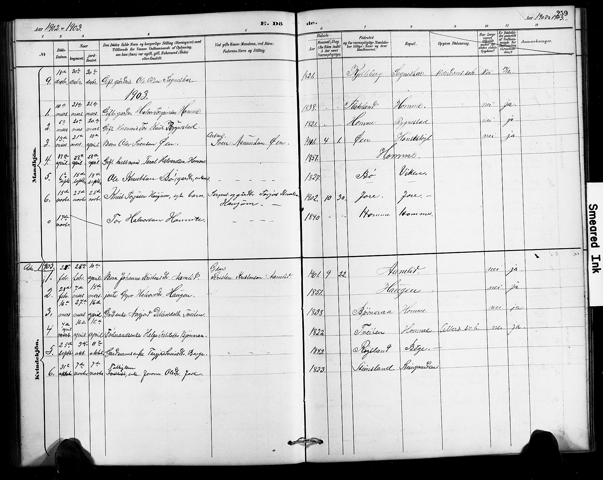 Valle sokneprestkontor, SAK/1111-0044/F/Fb/Fbc/L0004: Parish register (copy) no. B 4, 1890-1928, p. 259