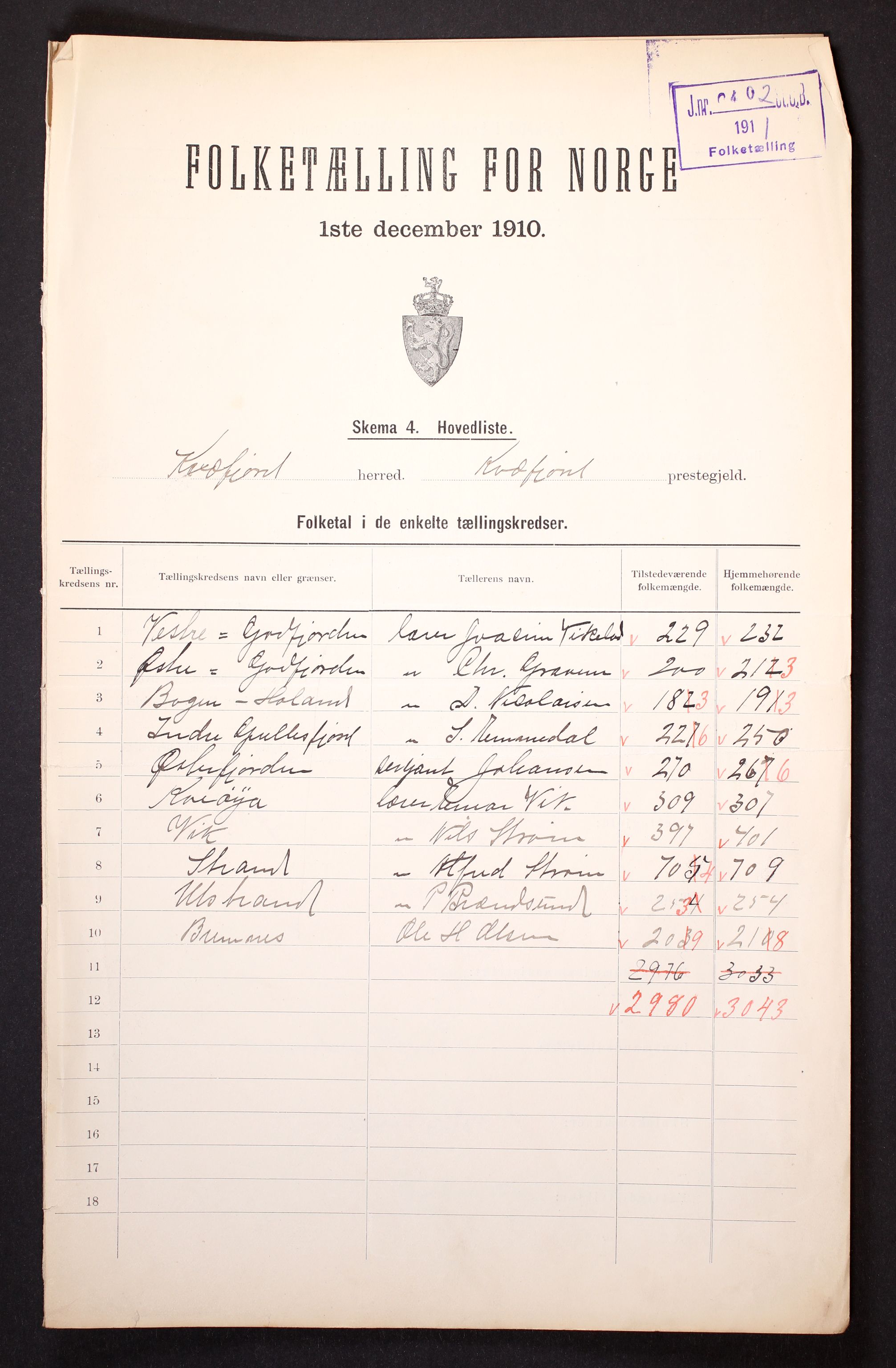 RA, 1910 census for Kvæfjord, 1910, p. 1