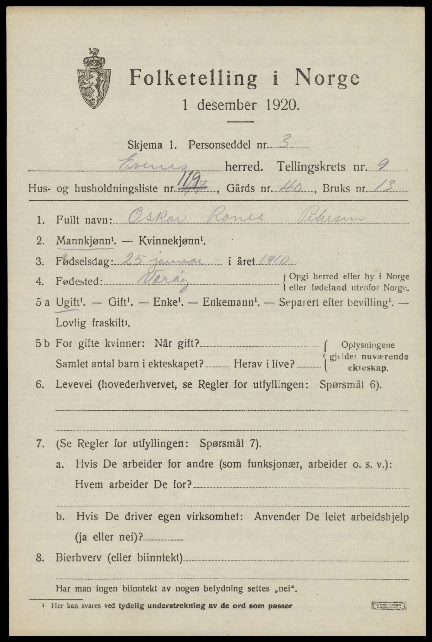 SAT, 1920 census for Evenes, 1920, p. 9574