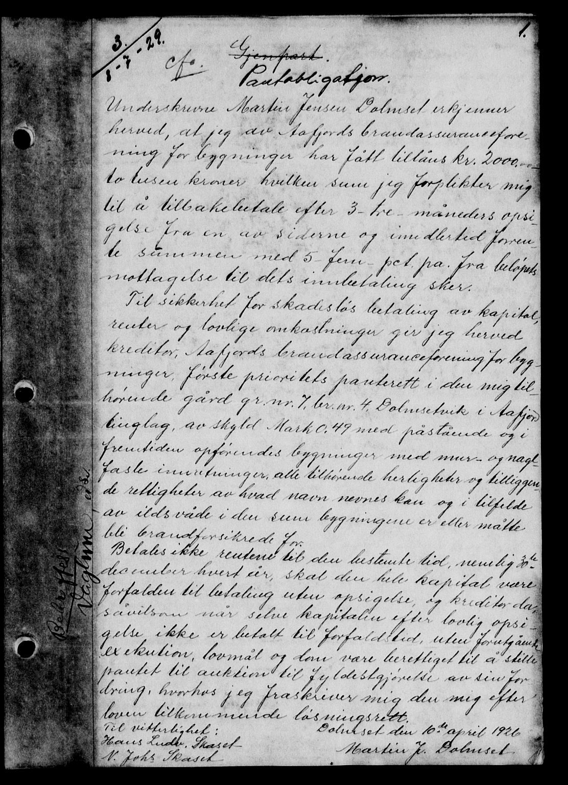 Fosen sorenskriveri, AV/SAT-A-1107/1/2/2C/L0069: Mortgage book no. 60, 1929-1930, p. 1, Deed date: 08.07.1929