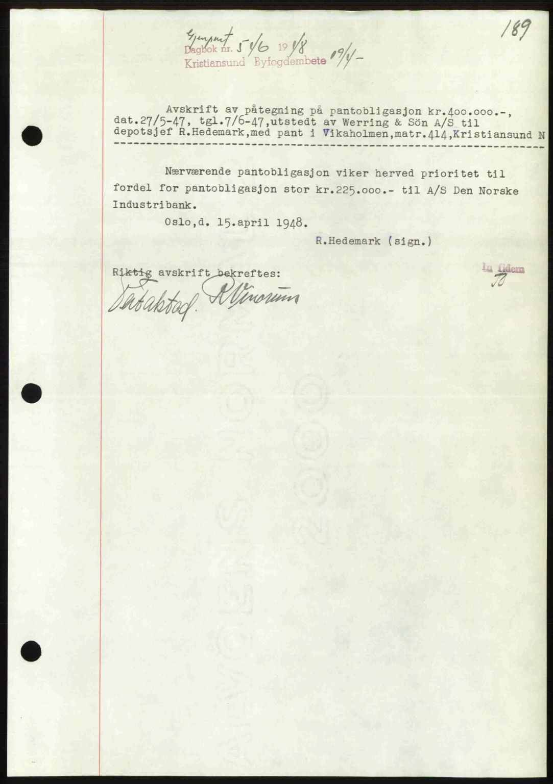 Kristiansund byfogd, AV/SAT-A-4587/A/27: Mortgage book no. 44, 1947-1948, Diary no: : 546/1948
