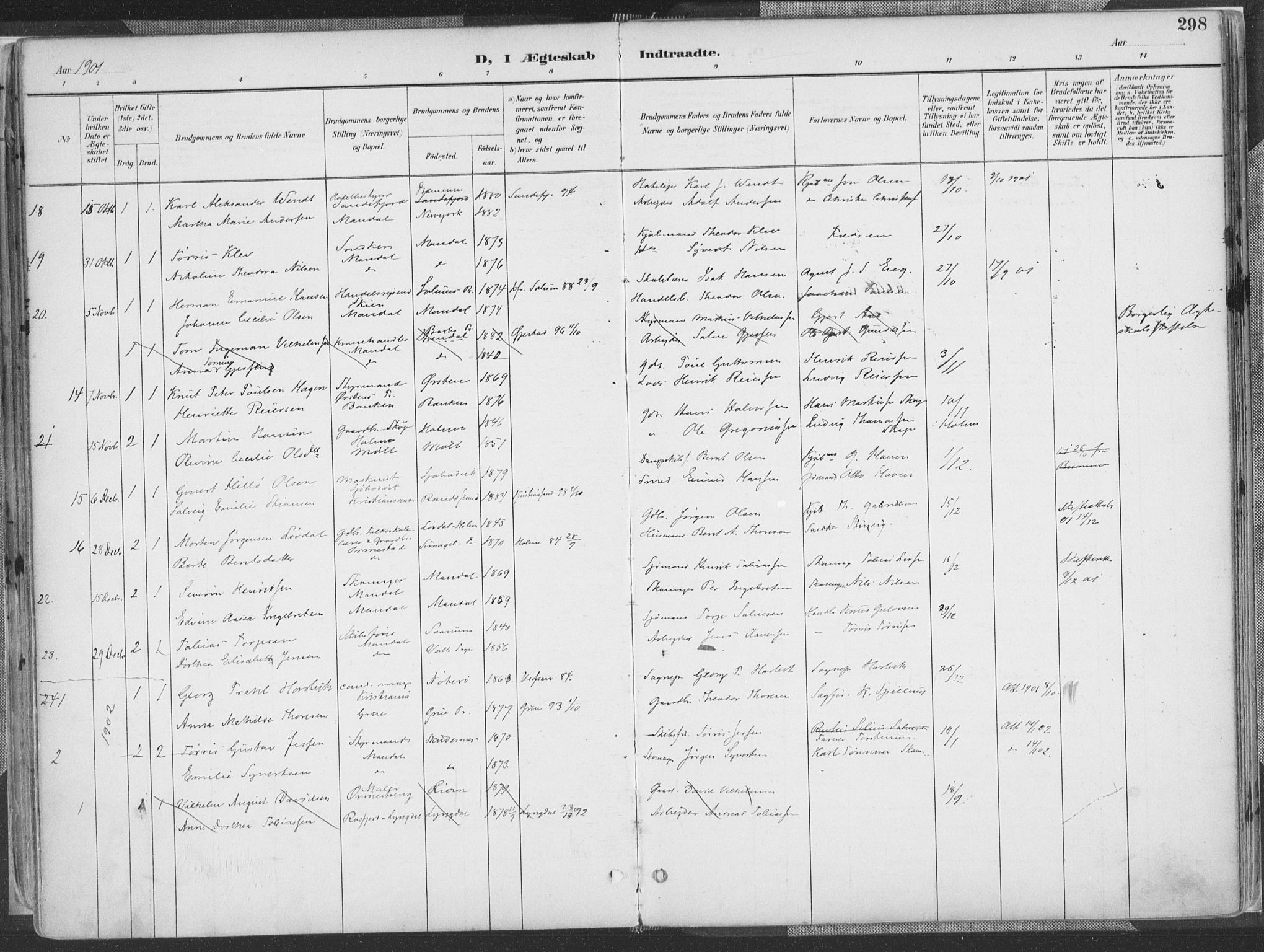 Mandal sokneprestkontor, SAK/1111-0030/F/Fa/Faa/L0018: Parish register (official) no. A 18, 1890-1905, p. 298