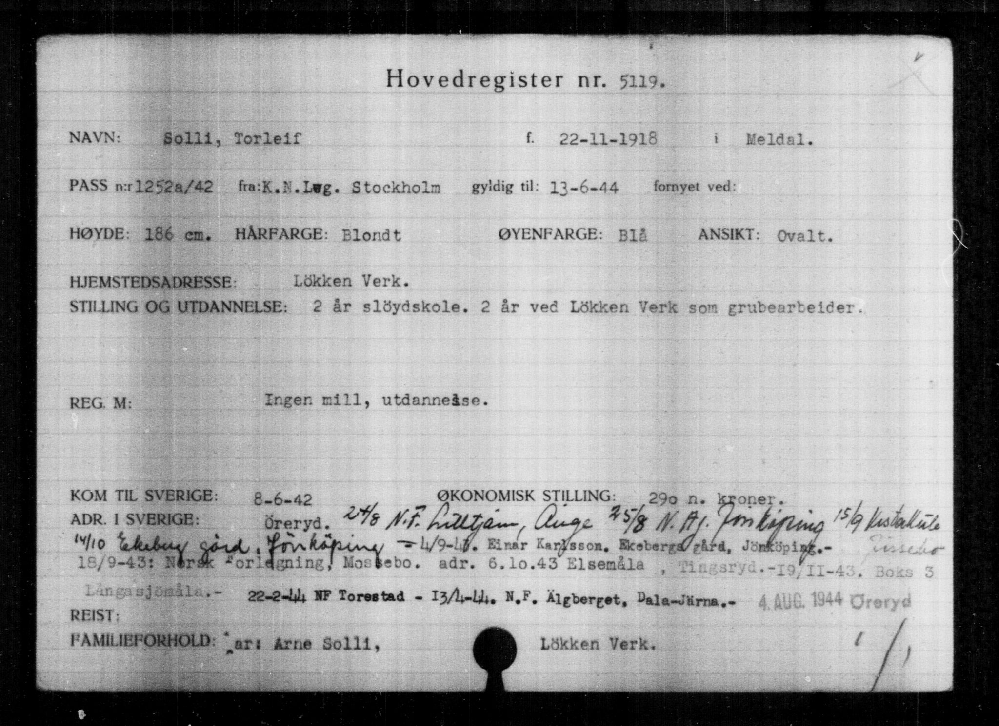 Utenriksstasjonene, Legasjonen i Stockholm, Flyktningkontoret, AV/RA-S-6753/V/Va/L0004: Kjesäterkartoteket, flyktninger med registreringsnr. 3496-6610, 1940-1945, p. 1912