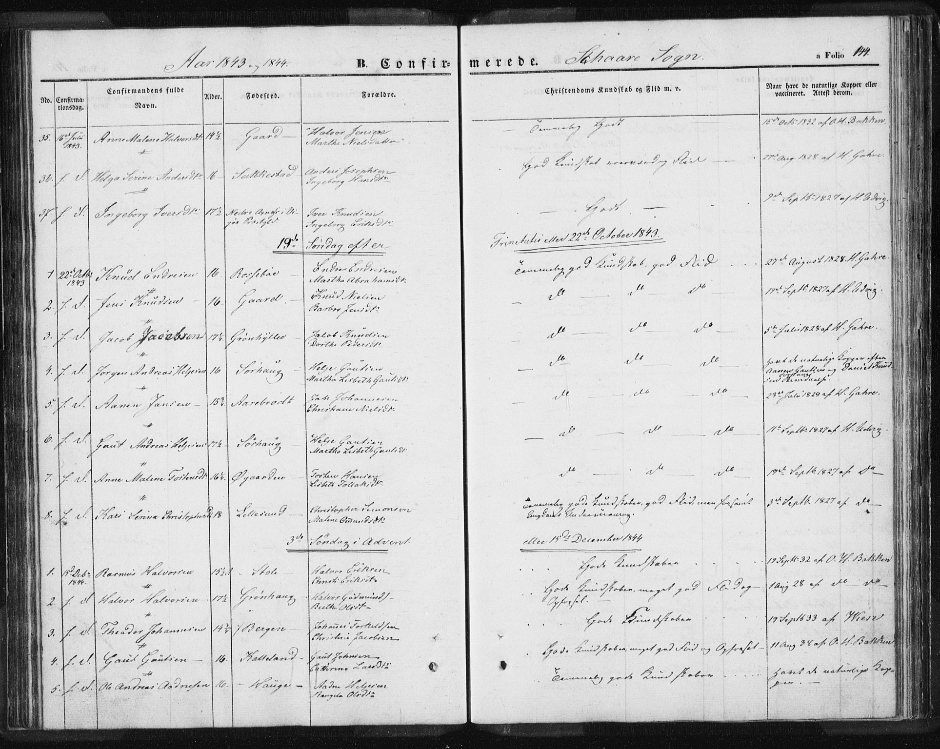 Torvastad sokneprestkontor, SAST/A -101857/H/Ha/Haa/L0006: Parish register (official) no. A 6, 1836-1847, p. 144