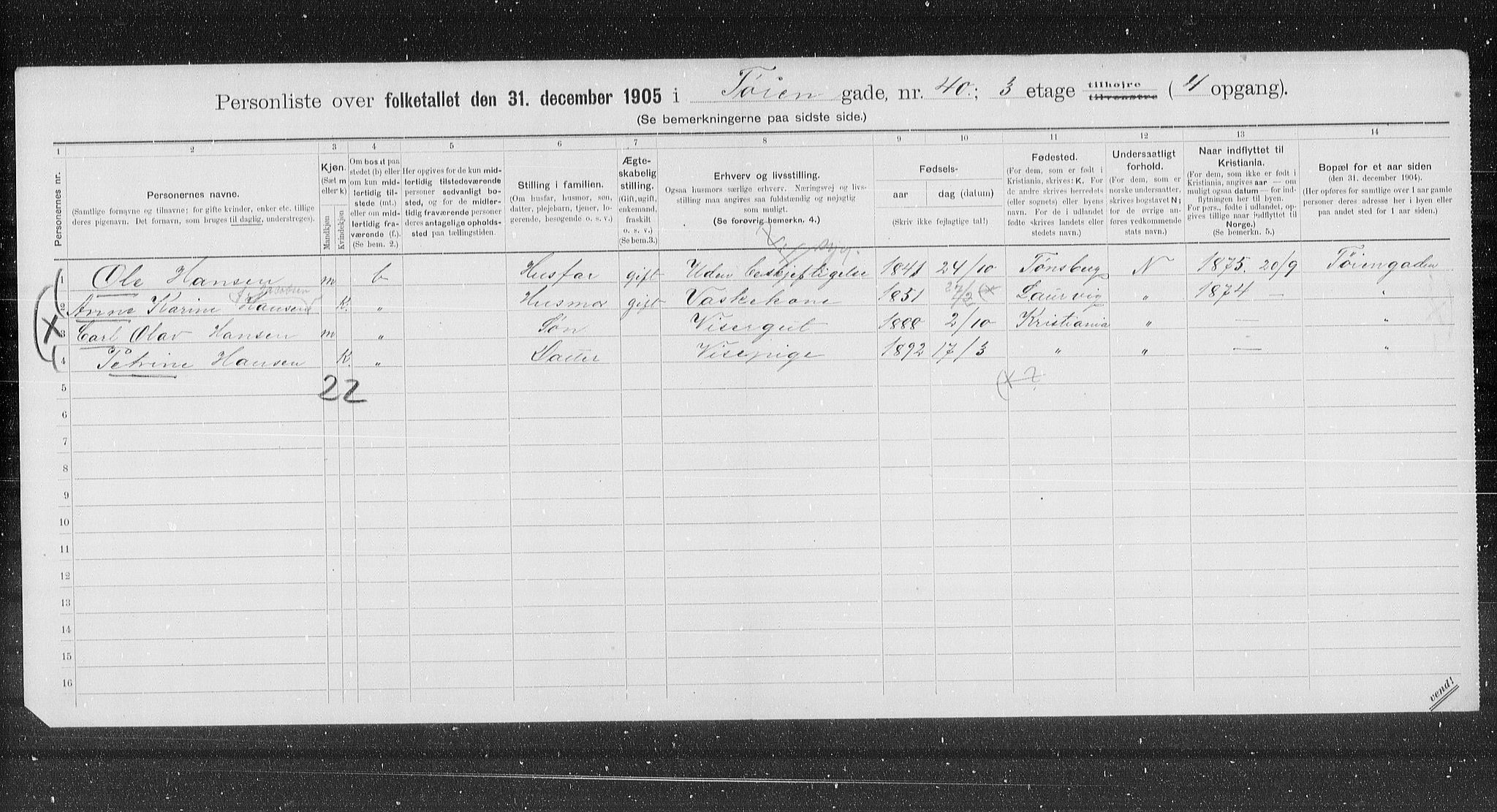 OBA, Municipal Census 1905 for Kristiania, 1905, p. 62273