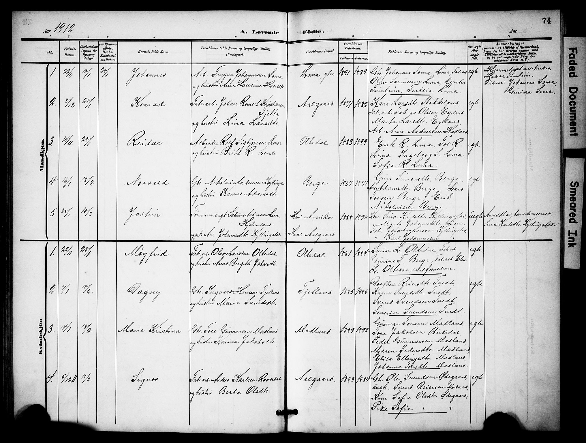 Lye sokneprestkontor, AV/SAST-A-101794/001/30BB/L0009: Parish register (copy) no. B 9, 1902-1923, p. 74