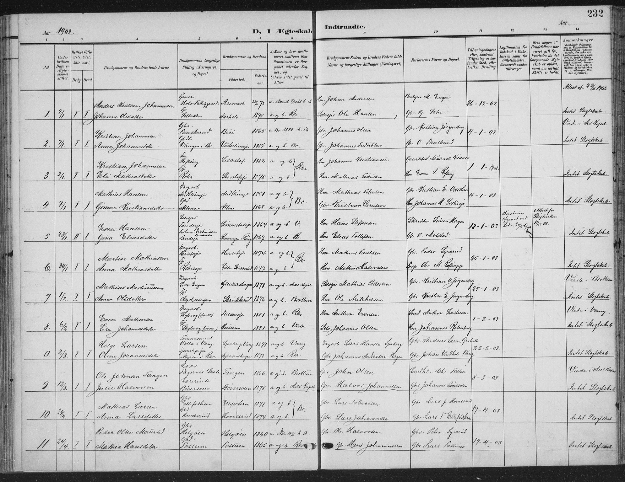 Ringsaker prestekontor, AV/SAH-PREST-014/K/Ka/L0018: Parish register (official) no. 18, 1903-1912, p. 232