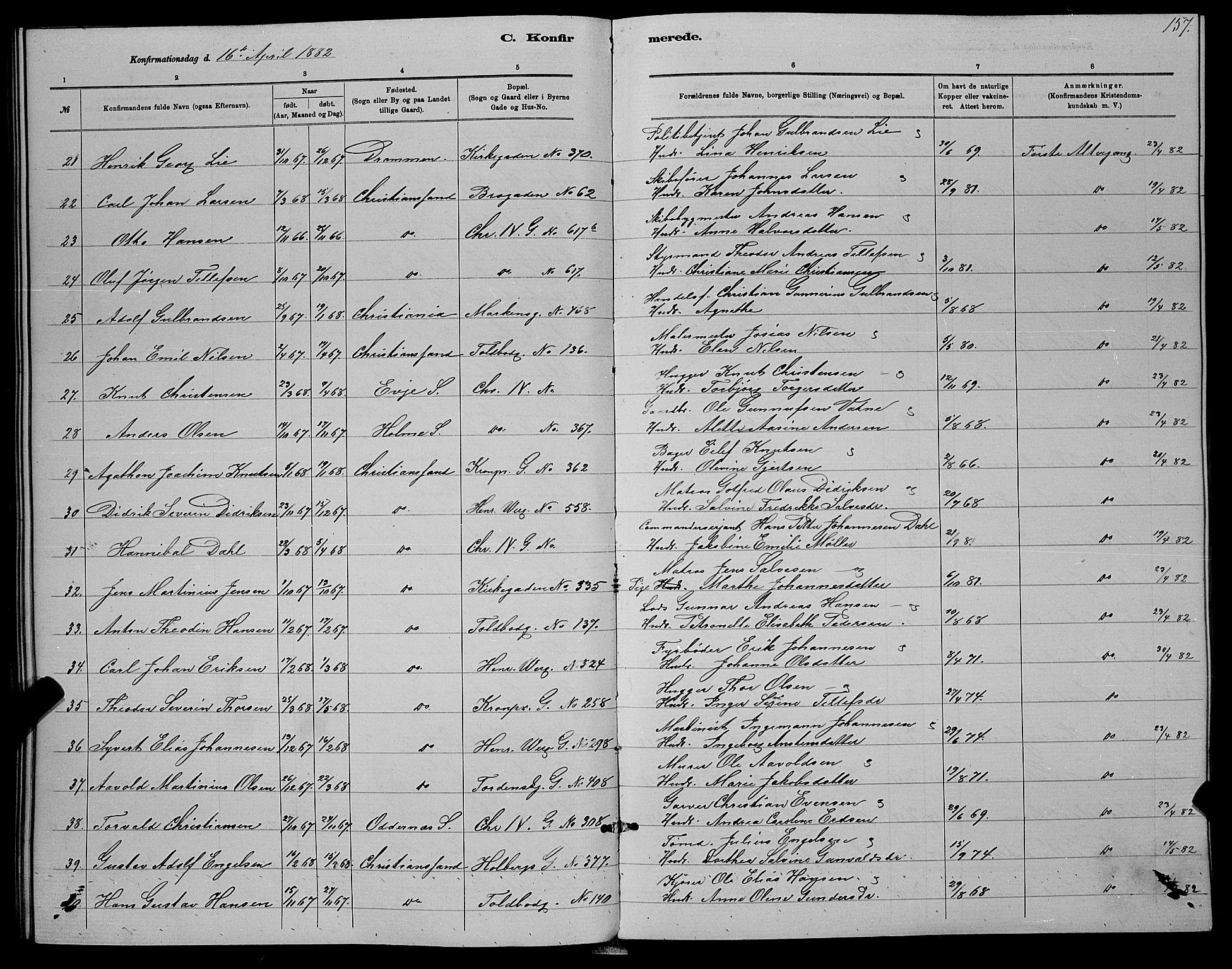 Kristiansand domprosti, SAK/1112-0006/F/Fb/L0016: Parish register (copy) no. B 16, 1881-1893, p. 157