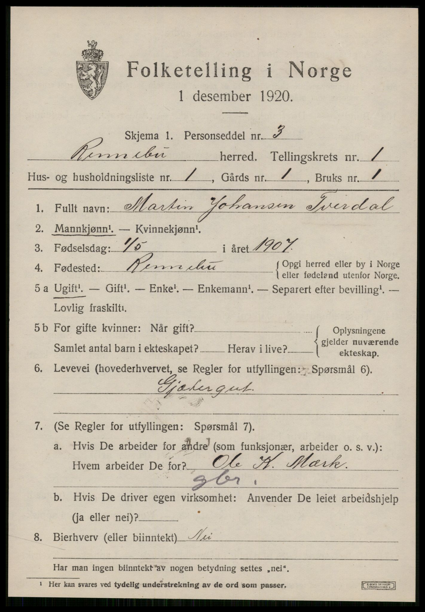 SAT, 1920 census for Rennebu, 1920, p. 1062