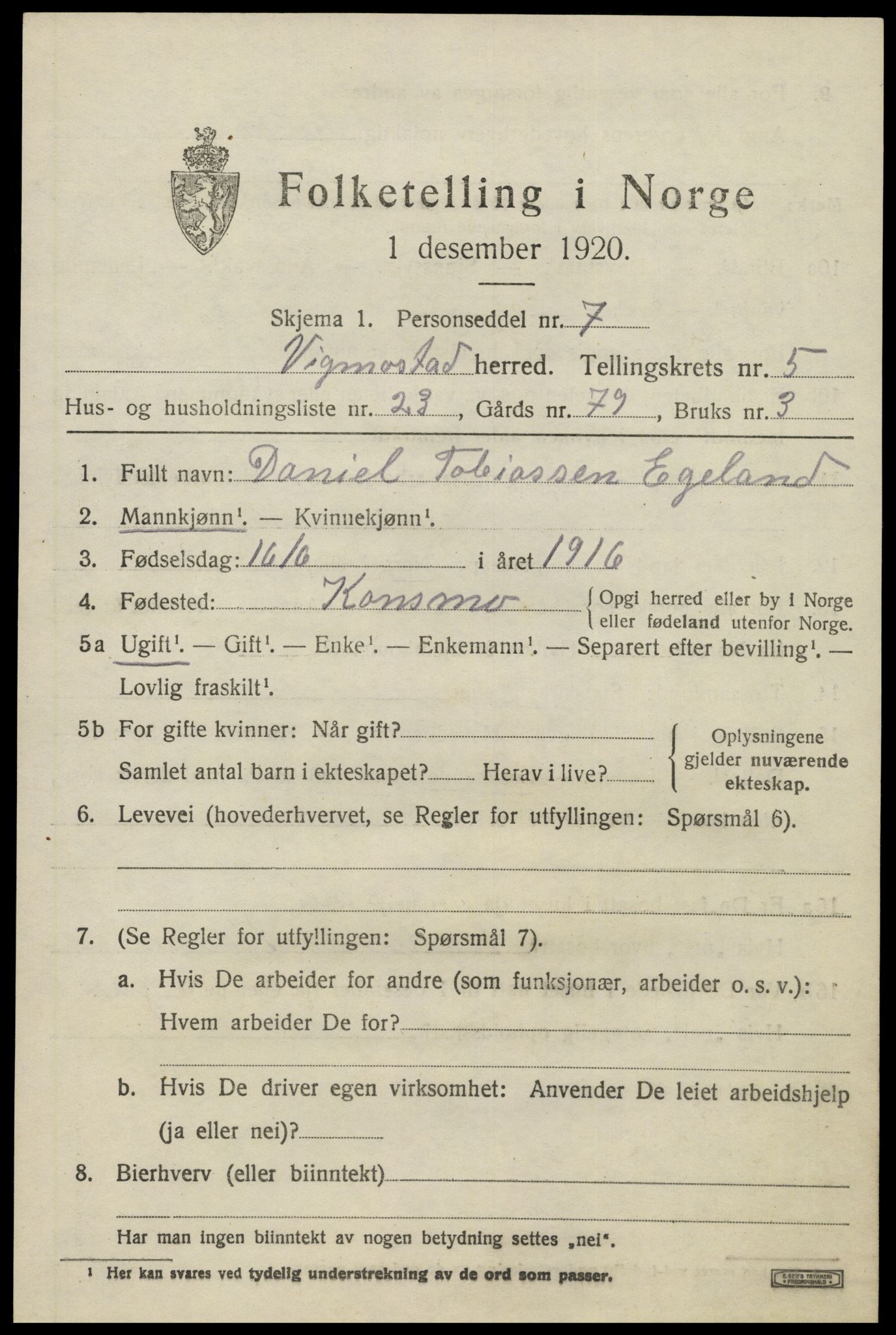 SAK, 1920 census for Vigmostad, 1920, p. 1897