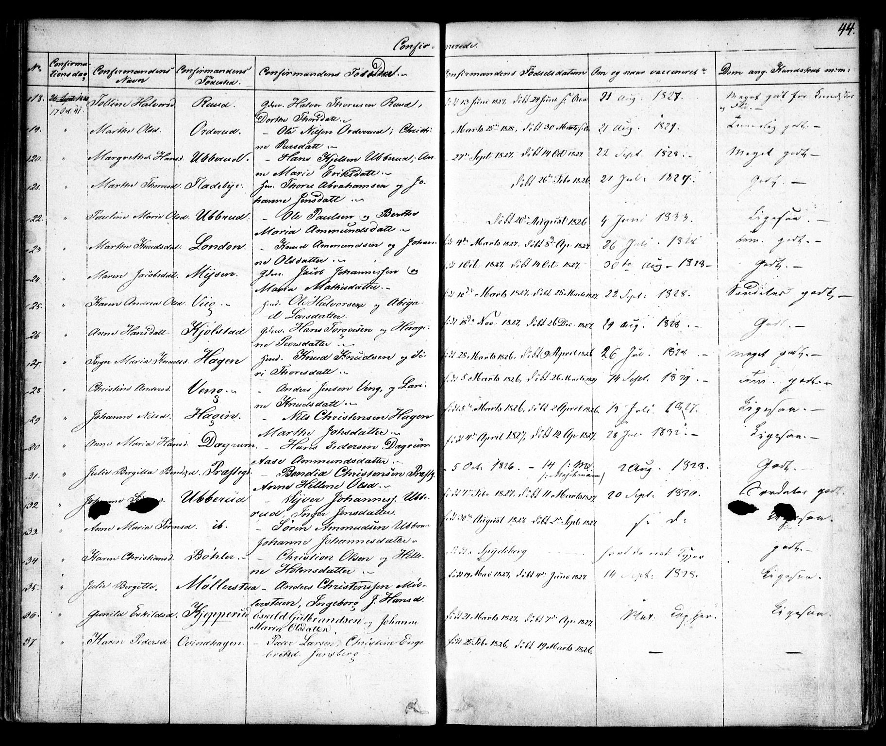 Enebakk prestekontor Kirkebøker, AV/SAO-A-10171c/F/Fa/L0010: Parish register (official) no. I 10, 1829-1876, p. 44